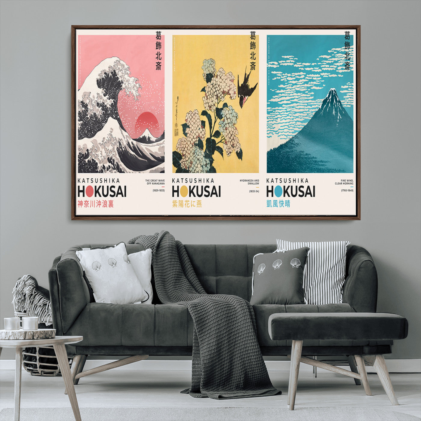 Katsushika-MGV-CV-36X24-Katsushika Hokusai Wall Art Set – The Great Wave, Hydrangea and Swallow, Fine Wind Canvas Prints, Japanese Ukiyo e Style Home and