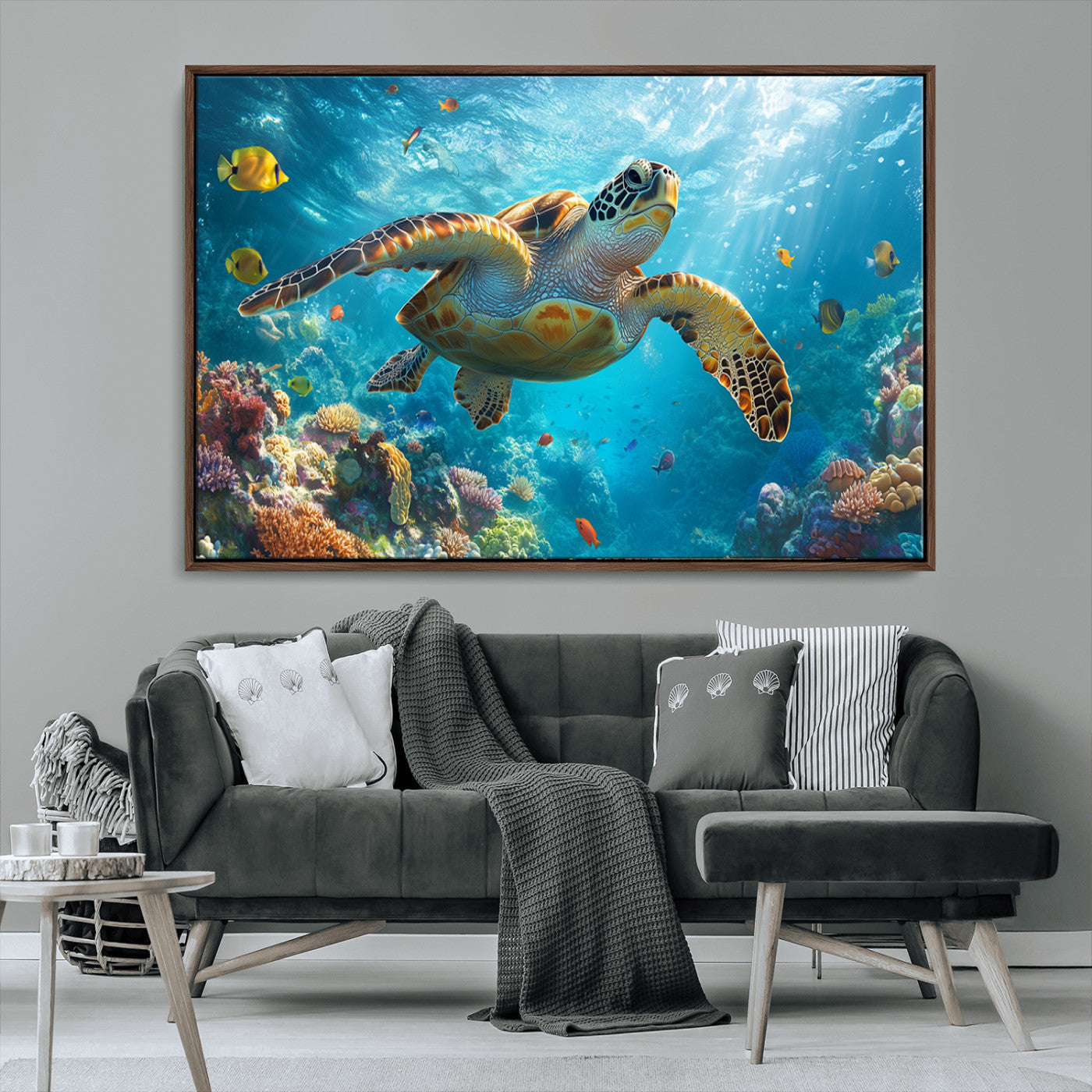 37623-MGV-CV-36X24-Sea Turtle Wall Art – Underwater Ocean Canvas Print with Coral Reef and Tropical Fish, Marine Life Painting Poster for Living