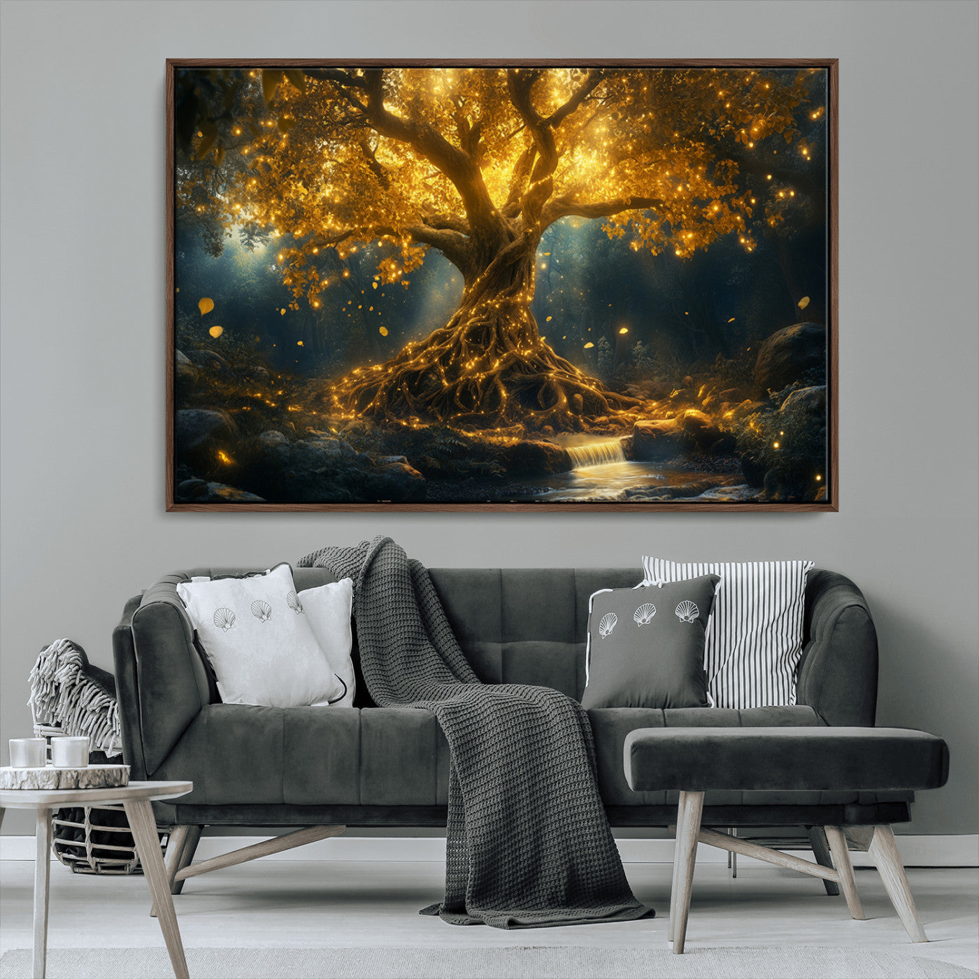 92739-MGV-CV-36X24-Glowing Tree Wall Art – Enchanted Golden Forest Canvas Print, Mystical Illuminated Nature Painting Poster for Living Room,