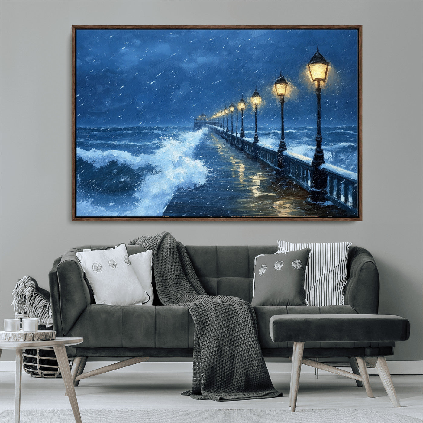 32668-MGV-CV-36X24-Stormy Pier Wall Art – Ocean Waves and Street Lamps Canvas Print, Rainy Night Seascape Oil Painting Poster for Living Room,