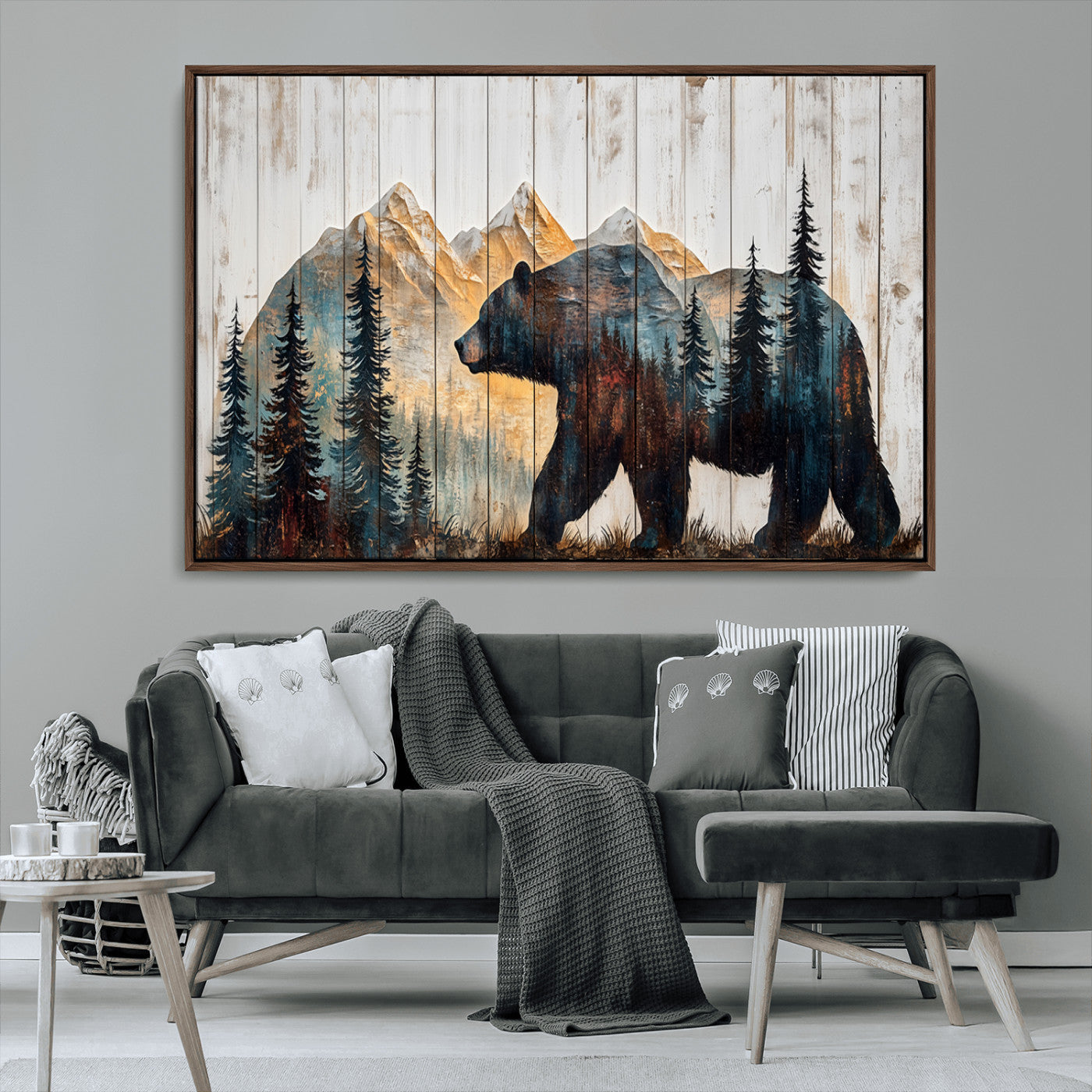 90077-MGV-CV-36X24-Wood Grizzly Bear Wall Art Canvas Print, Framed Abstract Bear Art Picture Print, Bear in Forest Perfect Rustic Lodge Decor Artwork