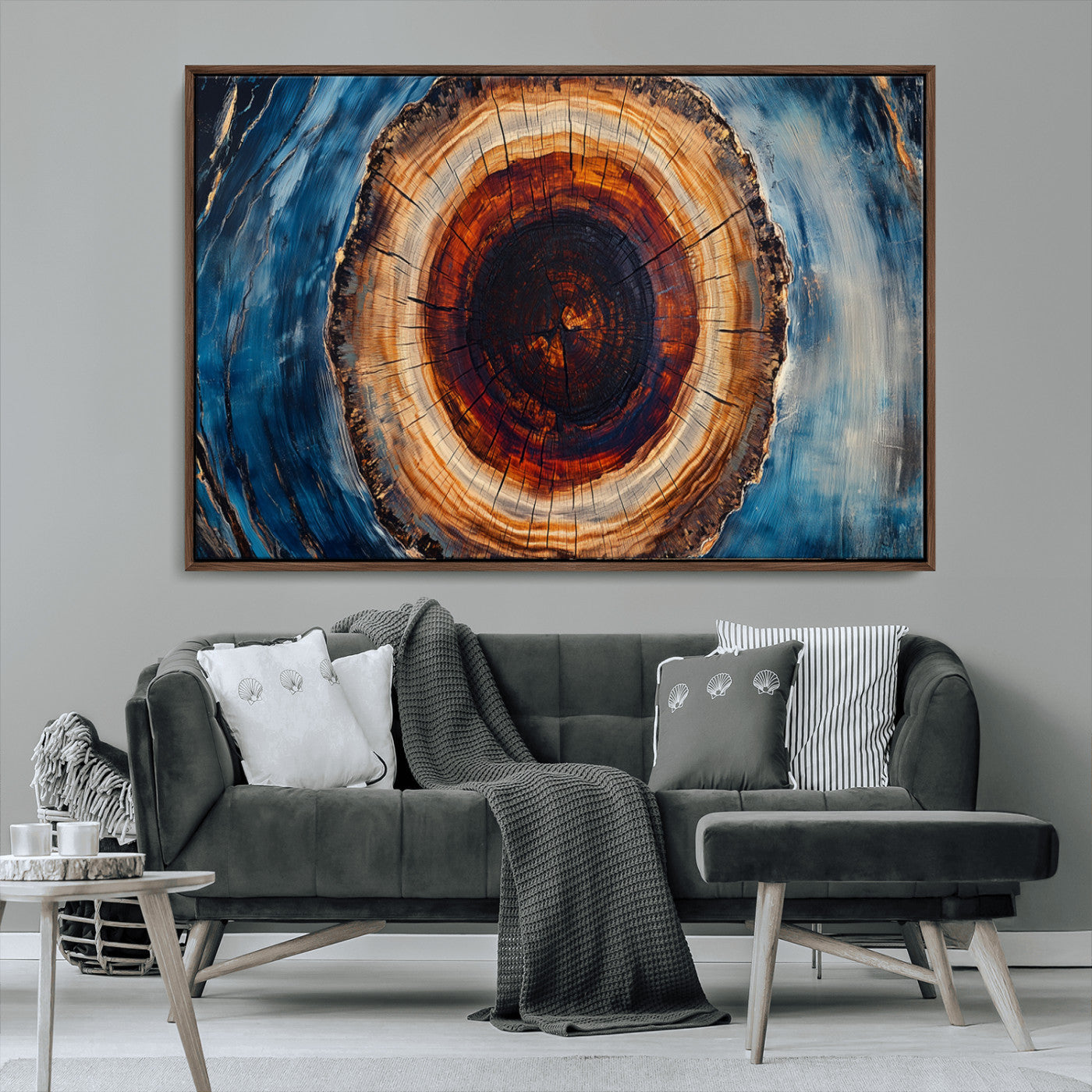 30457-MGV-CV-36X24-Tree Ring Abstract Wall Art – Blue and Brown Wood Grain Canvas Print, Modern Nature Inspired Painting for Rustic Living Room,