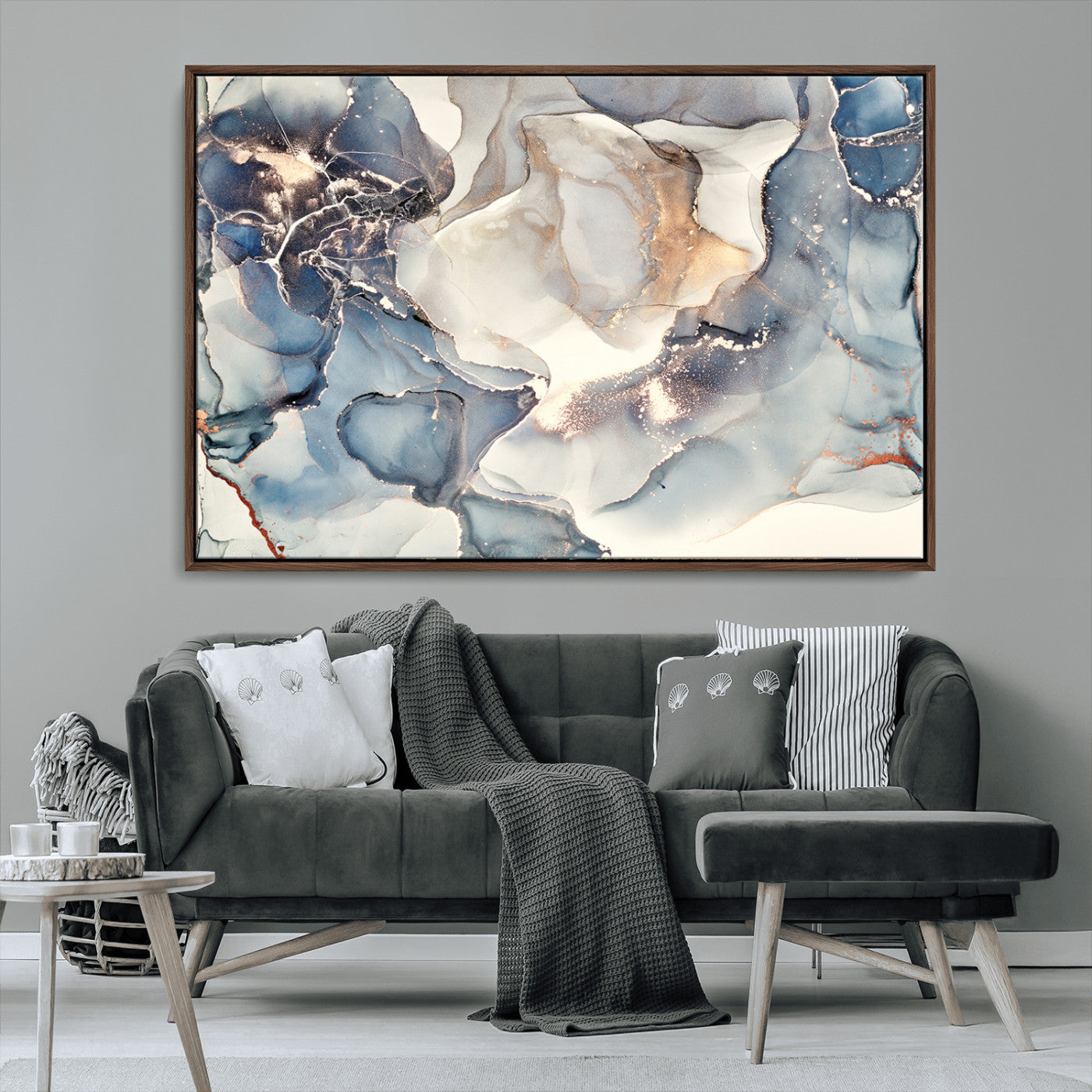 51497-MGV-CV-36X24-Abstract Blue and Gold Wall Art – Modern Fluid Ink Style Canvas Print, Elegant Contemporary Decor for Living Room, Office