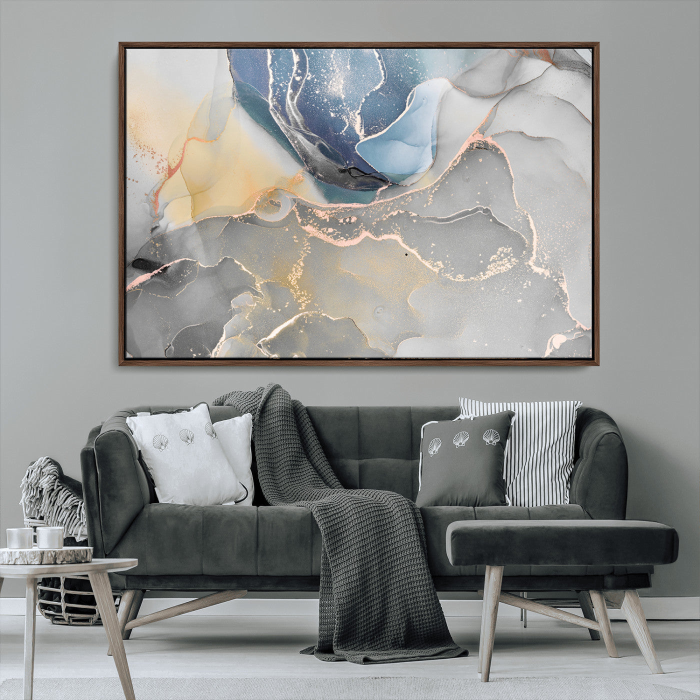 18176-MGV-CV-36X24-Abstract Fluid Wall Art – Modern Marble Ink Canvas Print with Blue, Gold, and Gray Tones, Contemporary Minimal Artwork Decor for