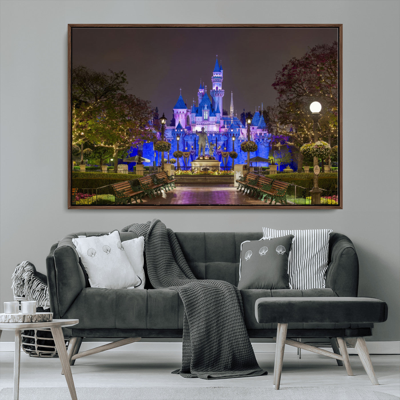 63560-MGV-FC-36X24_Walnut-Fairy Tale Castle Wall Art – Magical Night Scene Canvas Print with Lights and Gardens, Fantasy Architecture Artwork for Living