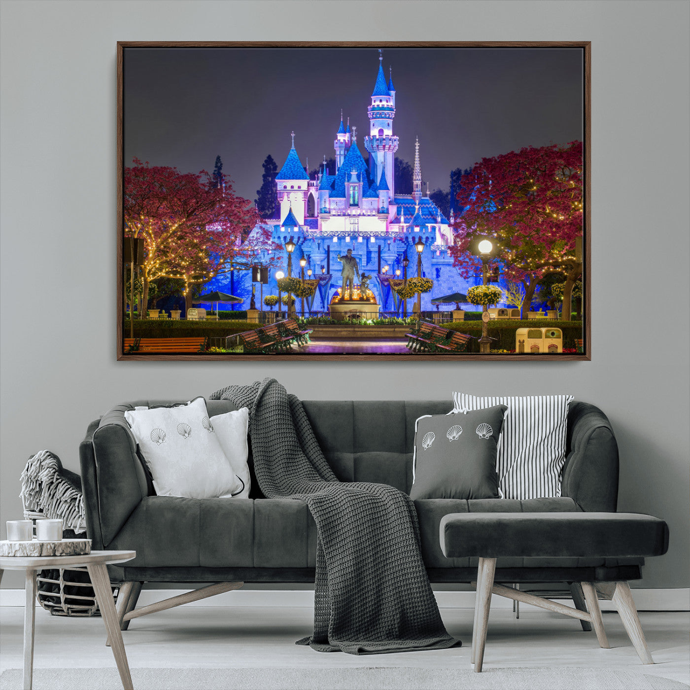 66710-MGV-FC-36X24_Walnut-Enchanted Castle Wall Art – Magical Night Scene Canvas Print with Glowing Lights, Fantasy Architecture Artwork for Living Room,
