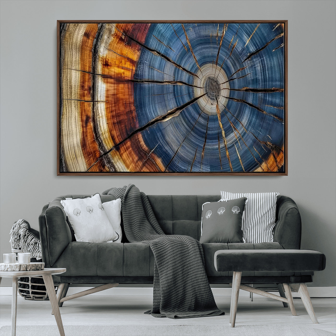 10583-MGV-CV-36X24-Tree Ring Wall Art – Abstract Wood Grain Canvas Print with Blue and Brown Tones, Nature Inspired Rustic Artwork for Living Room,