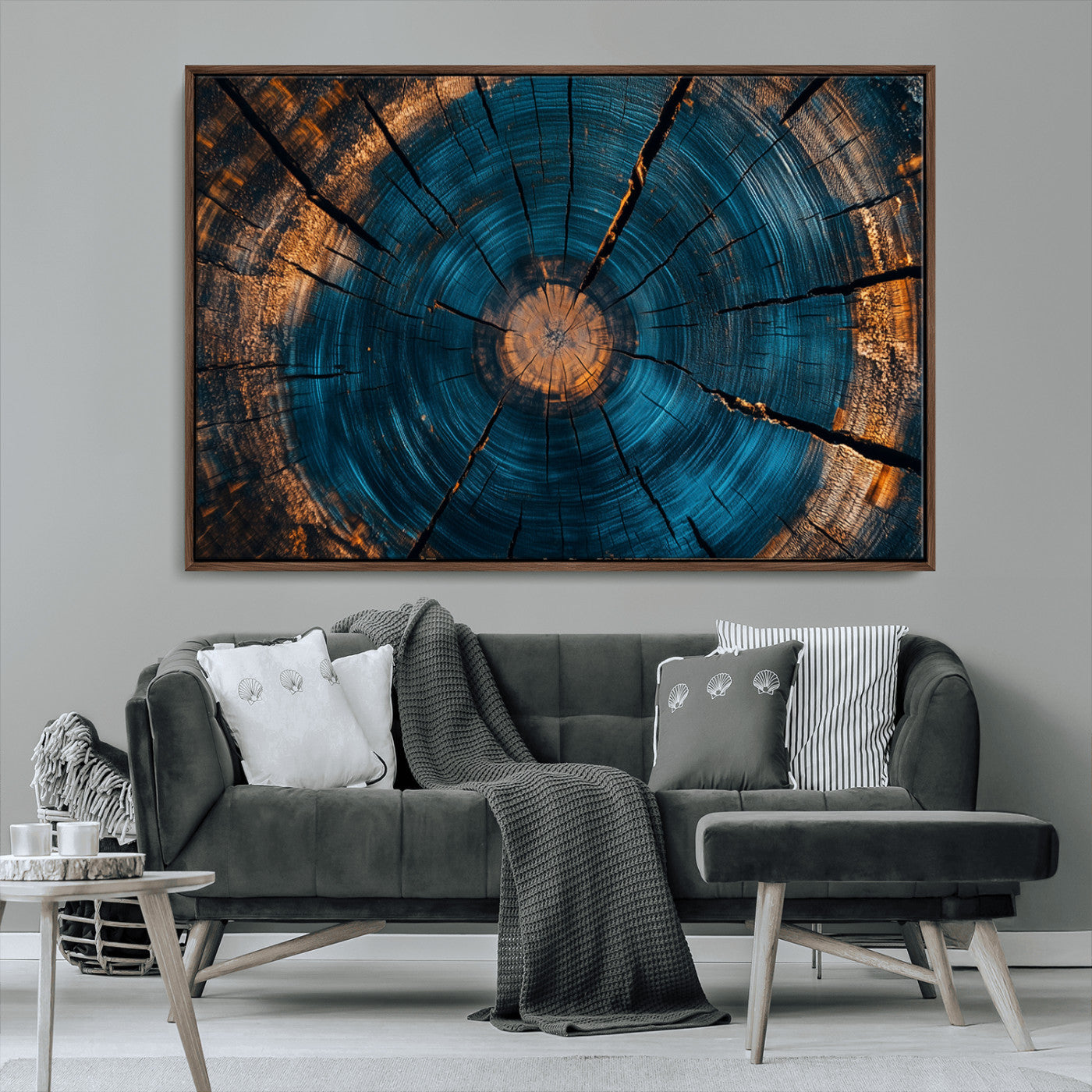 13398-MGV-CV-36X24-Tree Ring Wall Art – Abstract Wood Grain Canvas Print with Blue and Orange Accents, Rustic Nature Inspired Artwork for Living