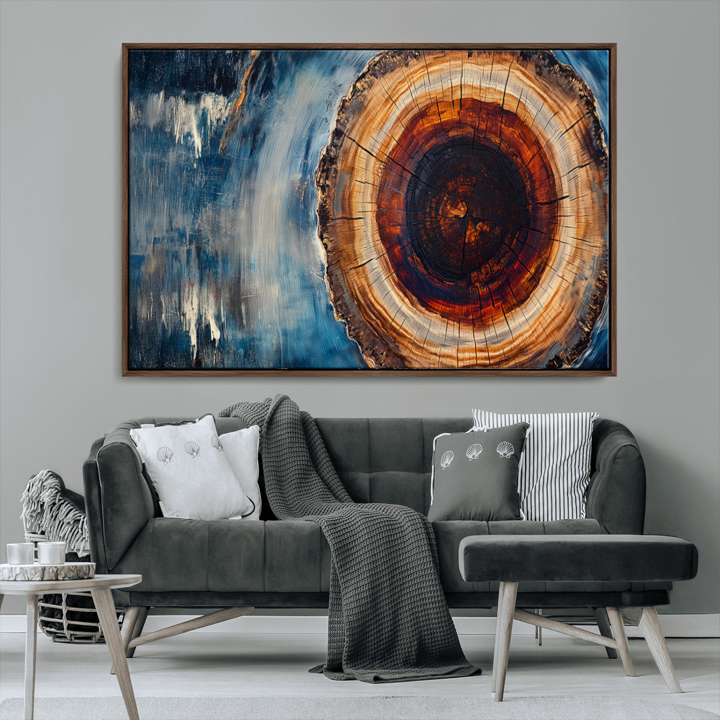 48045-MGV-CV-36X24-Tree Ring Abstract Wall Art – Rustic Wood Grain Canvas Print with Brown Center and Blue Brush Strokes, Nature Inspired Artwork for