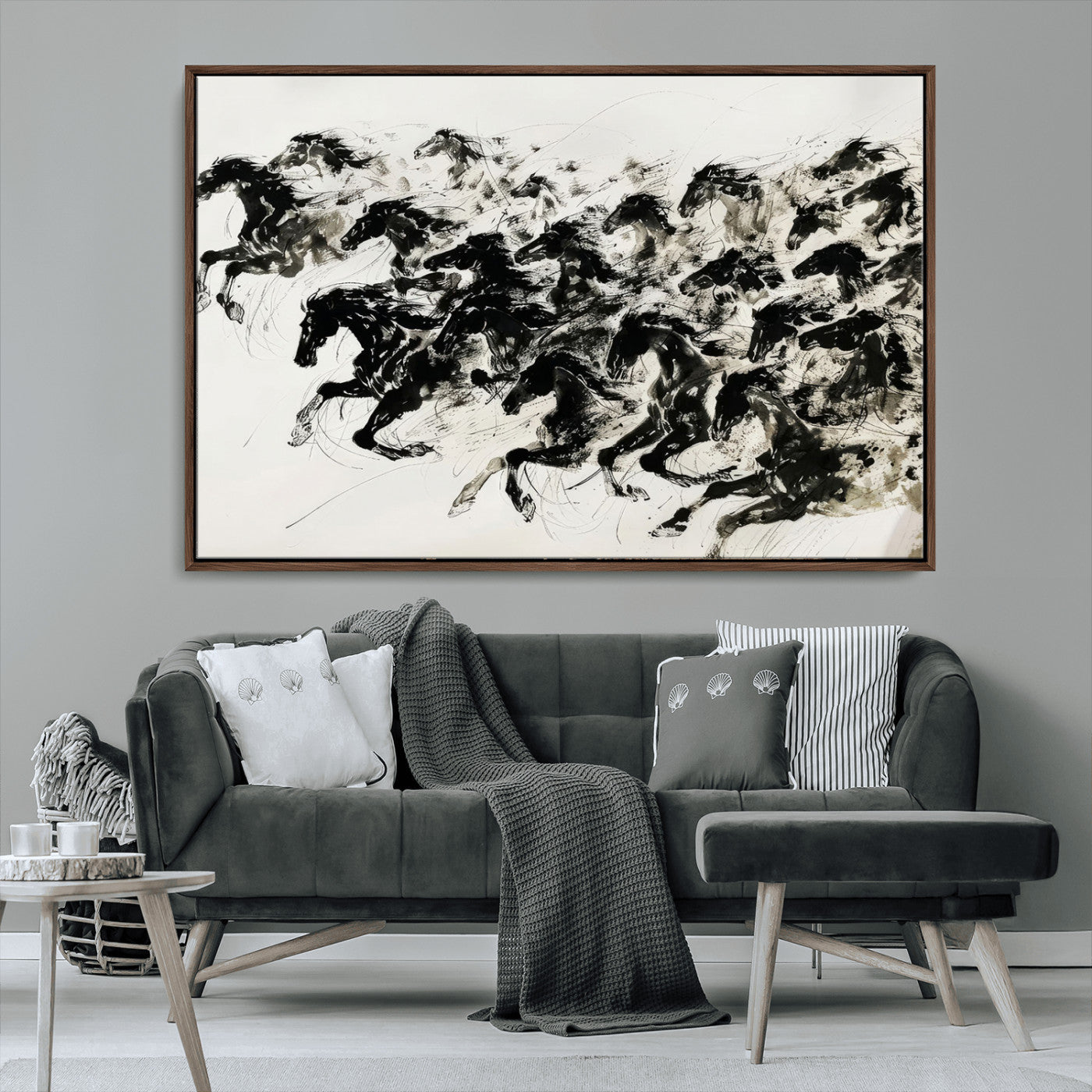 23069-MGV-CV-36X24-Galloping Horses Wall Art – Black Ink Painting on Canvas, Dynamic Equestrian Artwork with Running Stallions, Expressive Modern