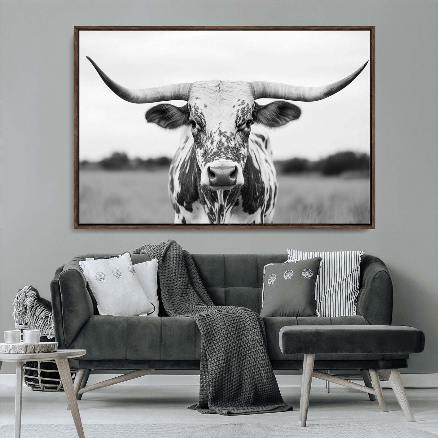 20272-MGV-CV-36X24-Highland Cow Wall Art – Black and White Western Longhorn Canvas Print, Farmhouse Living Room Decor Southwestern Animal Artwork for