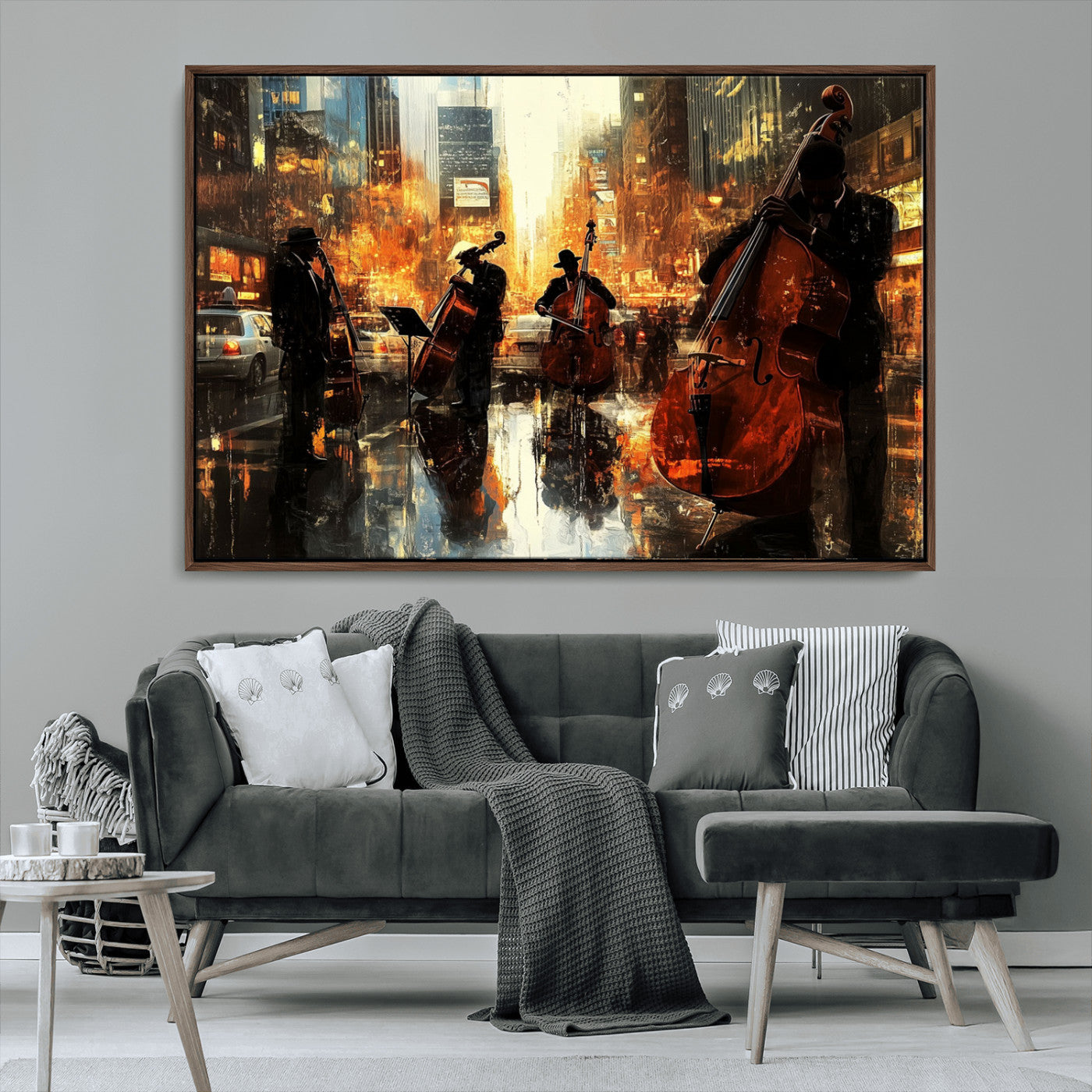 22398-MGV-CV-36X24-Urban Jazz Band Wall Art – Golden City Street Music Scene Canvas Print, Vintage Jazz Musicians Painting for Living Room, Office,