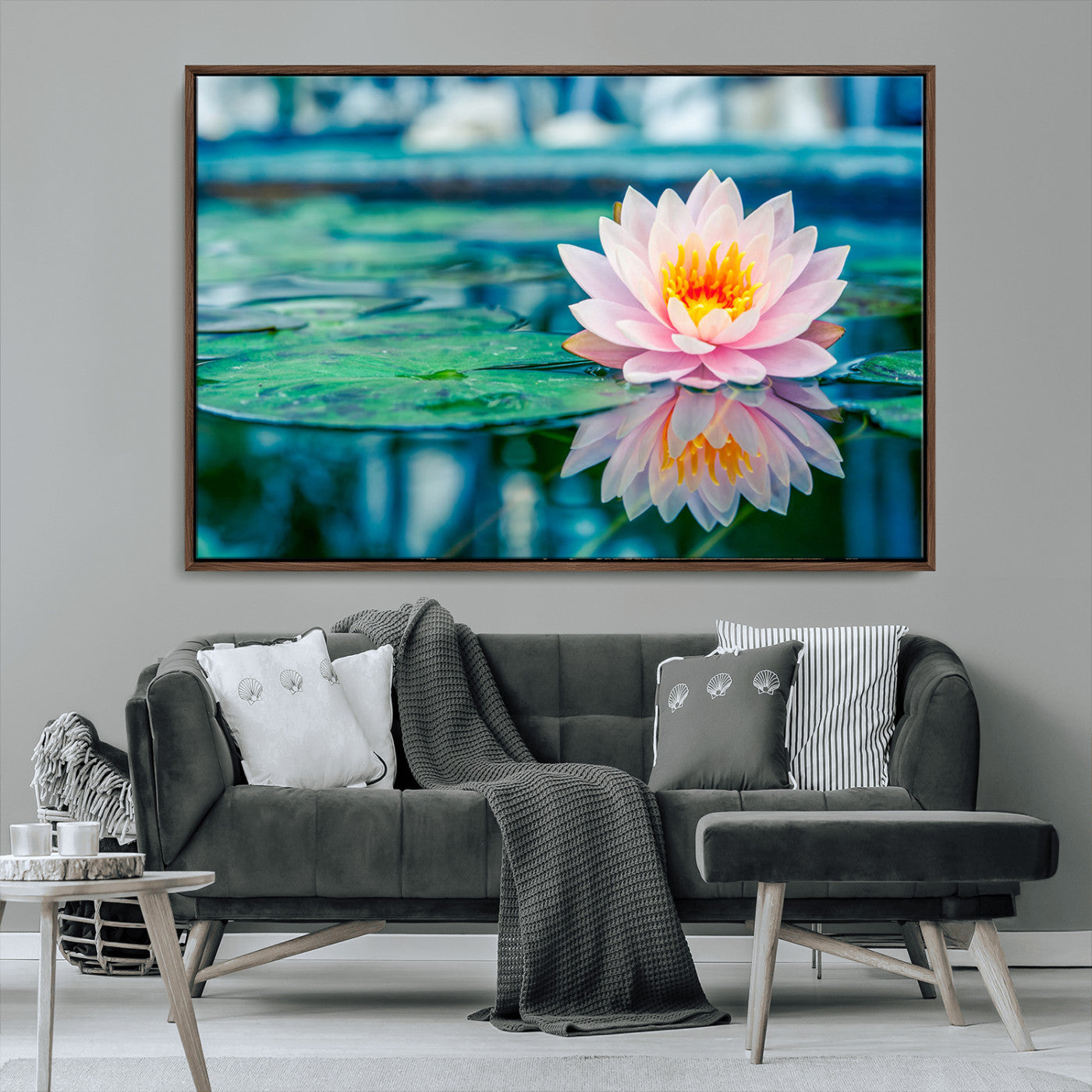 65933-MGV-CV-36X24-Pink Water Lily Wall Art – Lotus Flower Canvas Print with Reflection on Calm Water, Peaceful Botanical Artwork for Living Room,