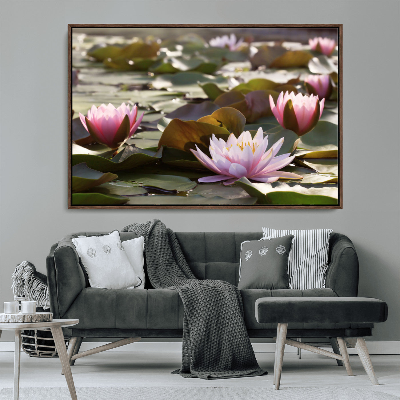 72218-MGV-CV-36X24-Water Lily Pond Wall Art – Pink Lotus Flowers Canvas Print with Green Lily Pads, Peaceful Botanical Artwork for Living Room,