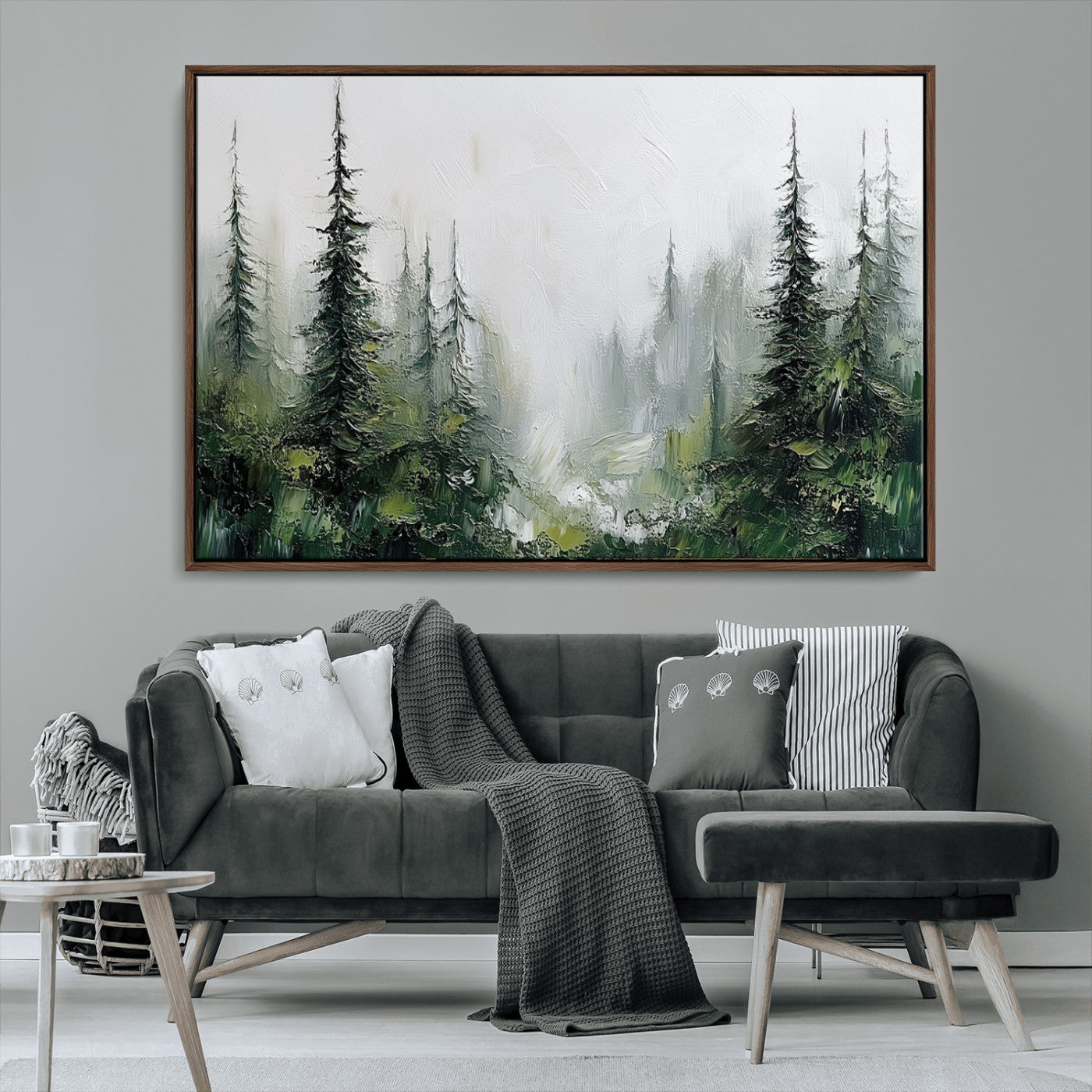 76014-MGV-CV-36X24-Forest Wall Art – Textured Canvas Print Featuring Misty Evergreen Pines and Woodland Landscape, Rustic Nature Artwork for Living