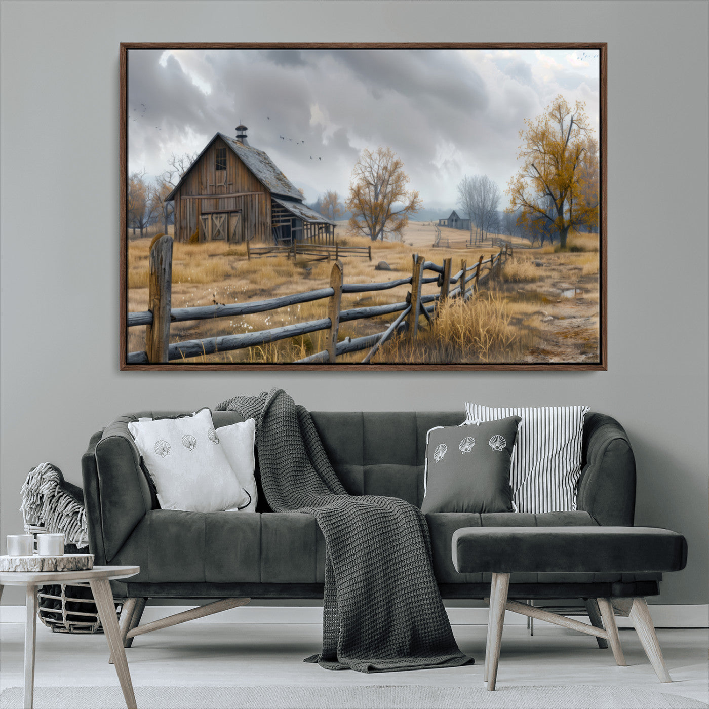 Farm1-MGV-CV-36X24-Rustic Autumn Farmhouse Wall Art – Serene Countryside Scene Canvas Print, Weathered Barn and Autumn Trees Decor for Living Room,