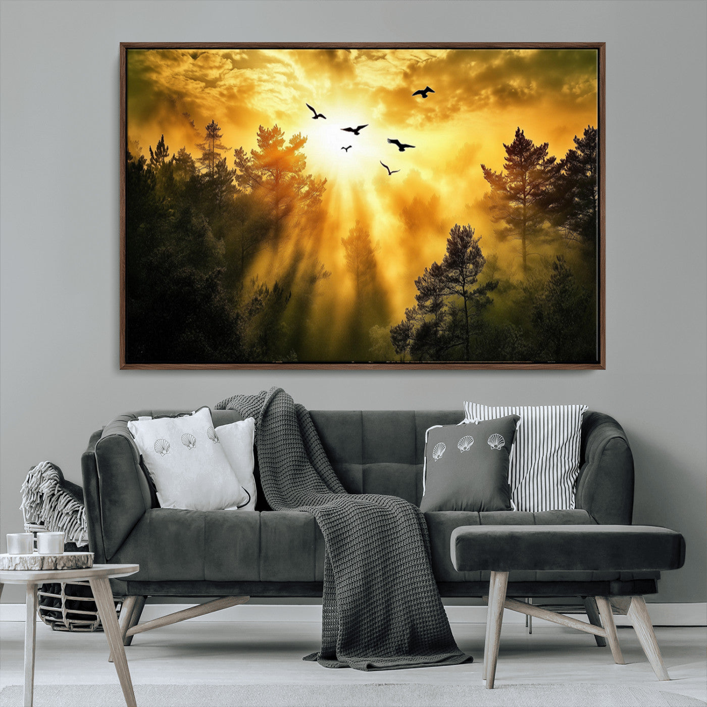 13776802-MGV-CV-36X24-Golden Forest Wall Art Canvas Print, Framed Sunset Pines Art Picture Print, Flying Birds Perfect Nature Glow Decor Artwork