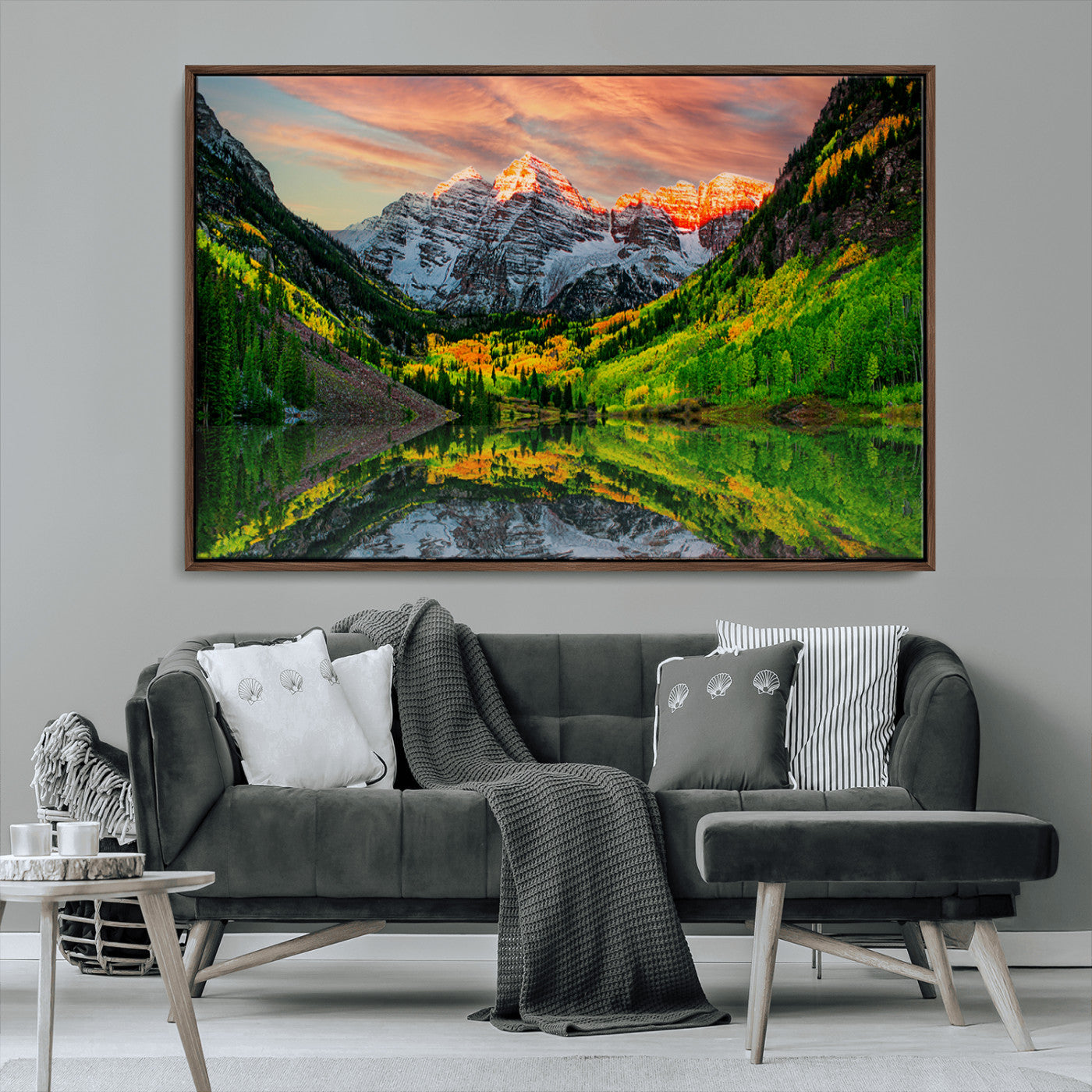59533484-MGV-CV-36X24-Maroon Bells Autumn Wall Art – Panoramic Mountain Landscape Canvas Print, Sunset Reflection Nature Artwork for Living Room, Office