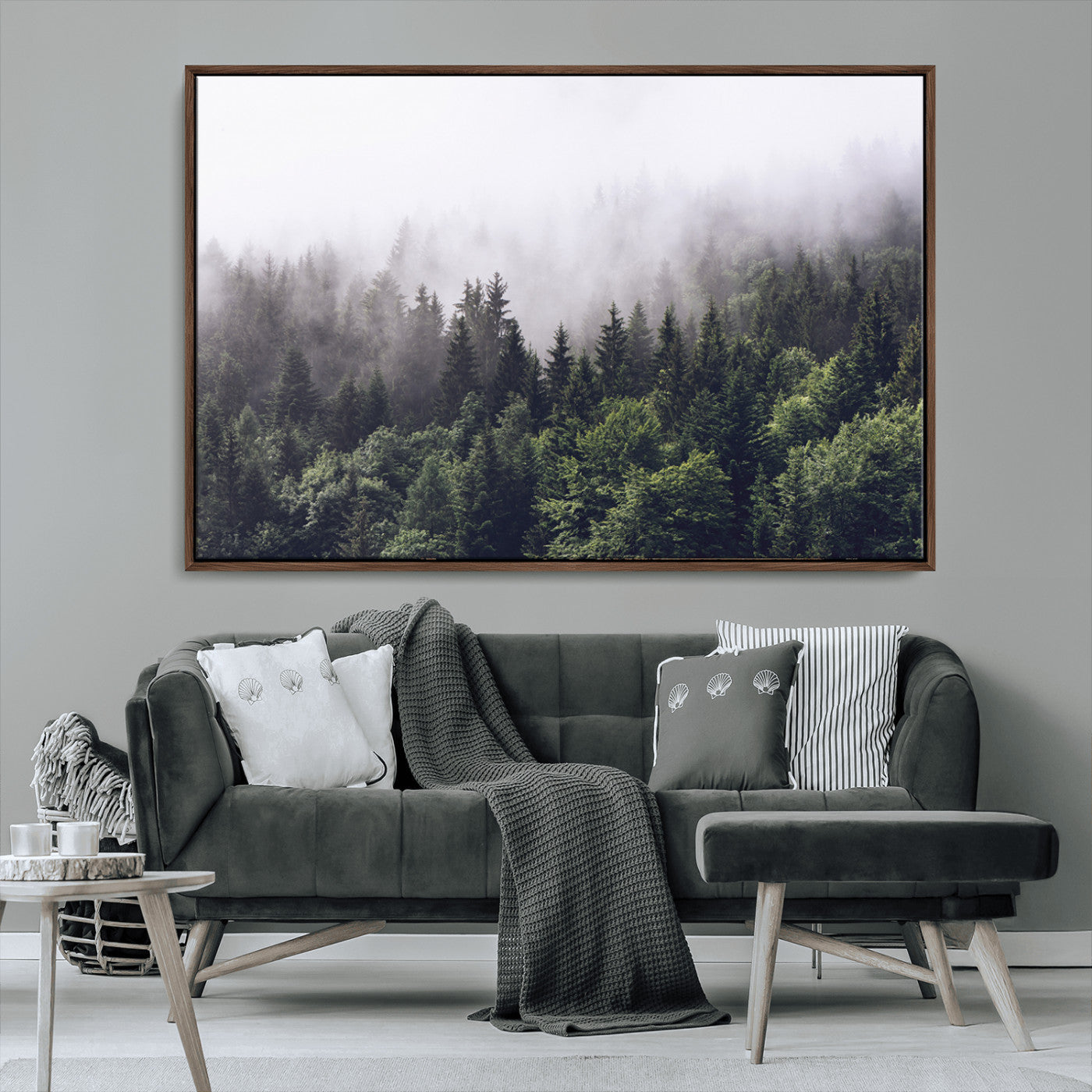 62890402-MGV-CV-36X24-Misty Forest Wall Art Canvas Print, Framed Foggy Pines Art Picture Print, Pine Valley Perfect Moody Woodland Decor Artwork