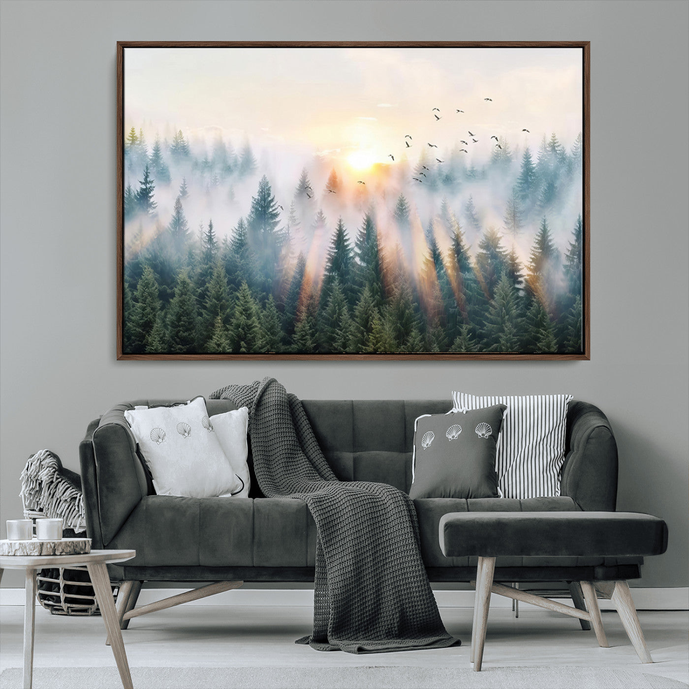 92718976-MGV-CV-36X24-Misty Forest Wall Art Canvas Print, Framed Sunrise Pines Art Picture Print, Foggy Woodland Perfect Moody Woodland Decor Artwork