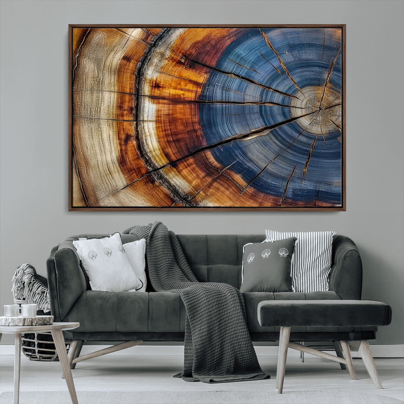 18032999-MGV-CV-36X24-Tree Ring Wall Art – Blue Brown Abstract Wood Slice Canvas Print, Rustic Modern Nature Decor for Living Room, Office, Bedroom or