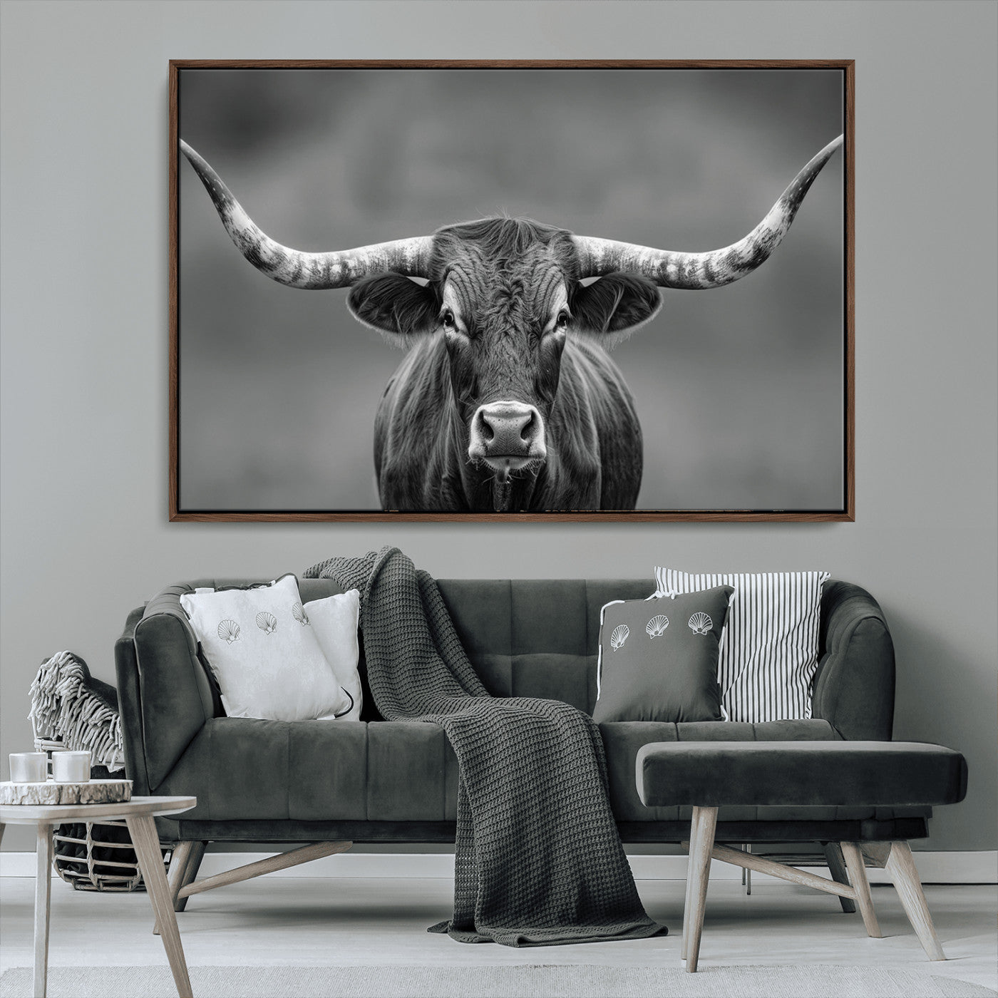 81228550-MGV-CV-36X24-Framed Texas Longhorn Bull Art Canvas Print, Western Bull Wall Art Print, Long Horn Bull Photo Print for Log Cabin, Large Bull