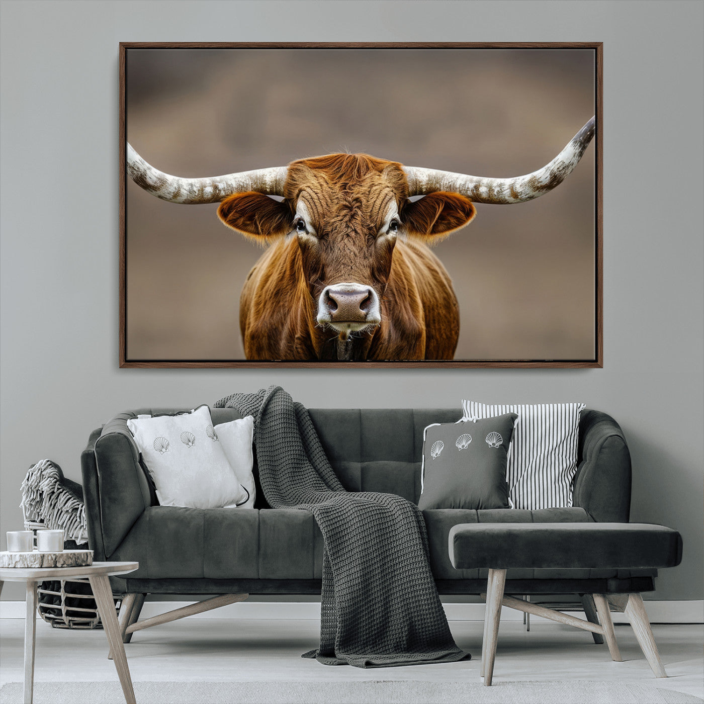 12179171-MGV-FC-36X24_Walnut-Texas Longhorn Wall Art Canvas Print, Framed Brown Bull Art Picture Print, Lone Cattle Perfect Rustic Western Decor Artwork