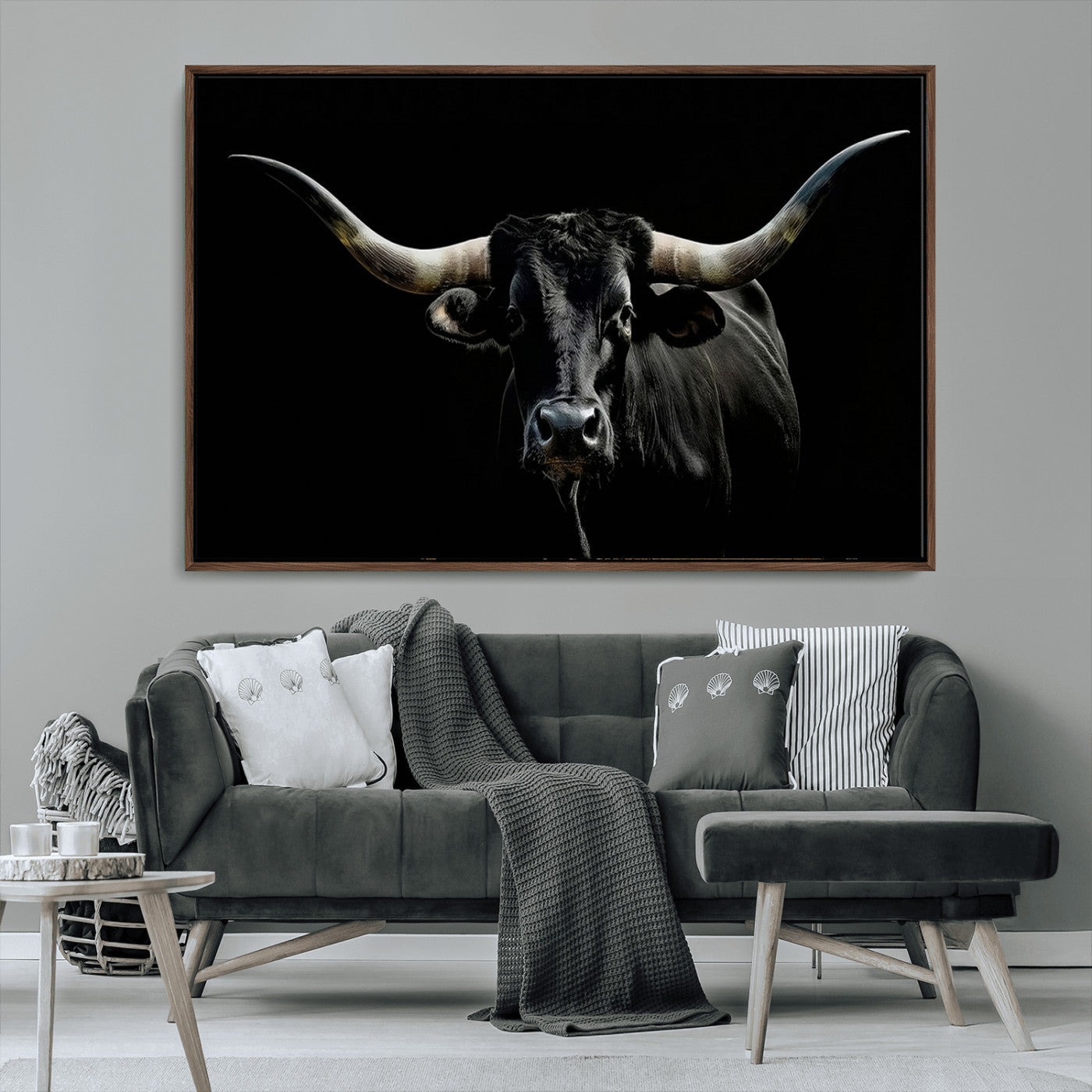 37531960-MGV-CV-36X24-Black Longhorn Bull Wall Art – Dramatic Western Cattle Canvas Print, Rustic Farmhouse Animal Artwork for Living Room, Bedroom,