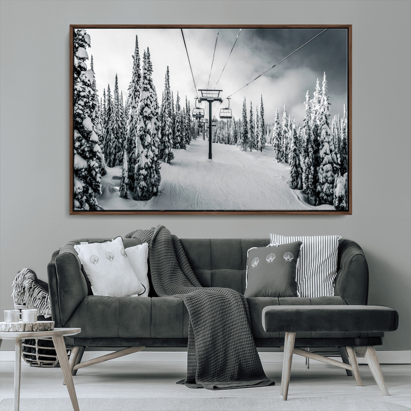 31156828-MGV-CV-36X24-Snowy Pines Wall Art Canvas Print, Framed Ski Lift Art Picture Print, Winter Forest Perfect Moody Lodge Decor Artwork