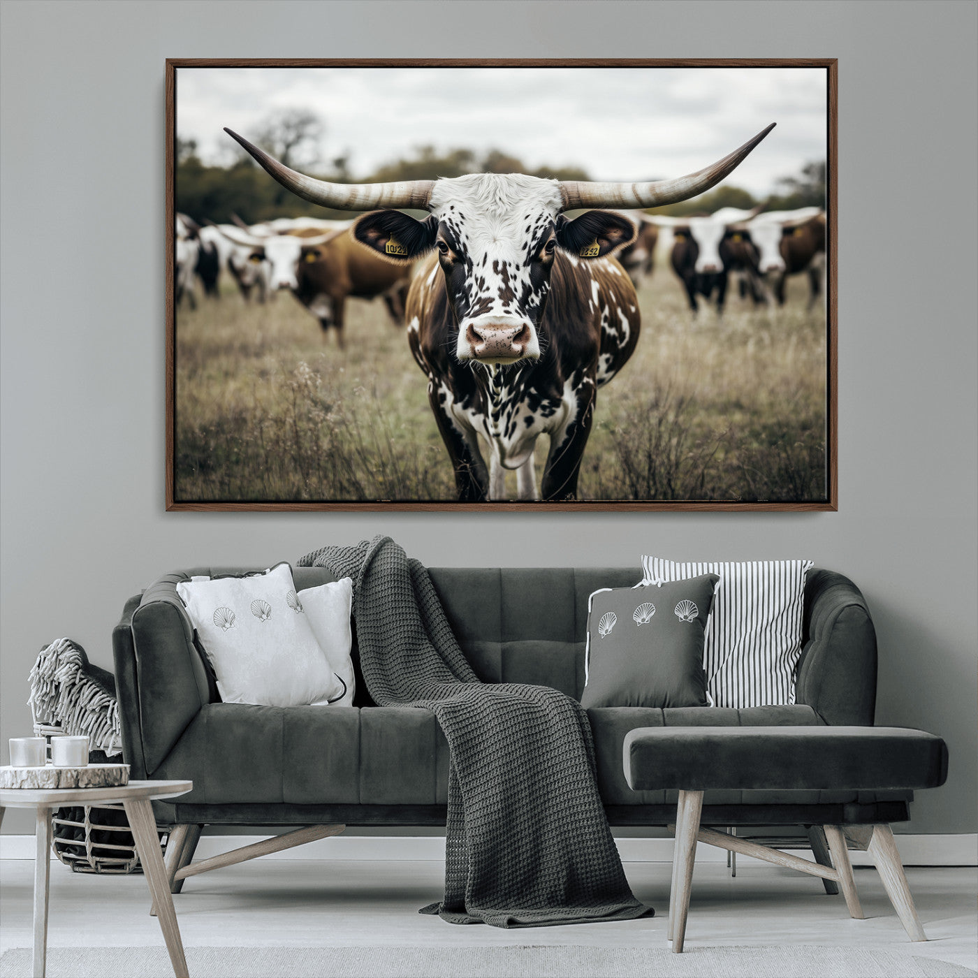 79025945-MGV-CV-36X24-Texas Longhorn Wall Art Canvas Print, Framed Speckled Cow Art Picture Print, Horned Cattle Perfect Rustic Western Decor Artwork