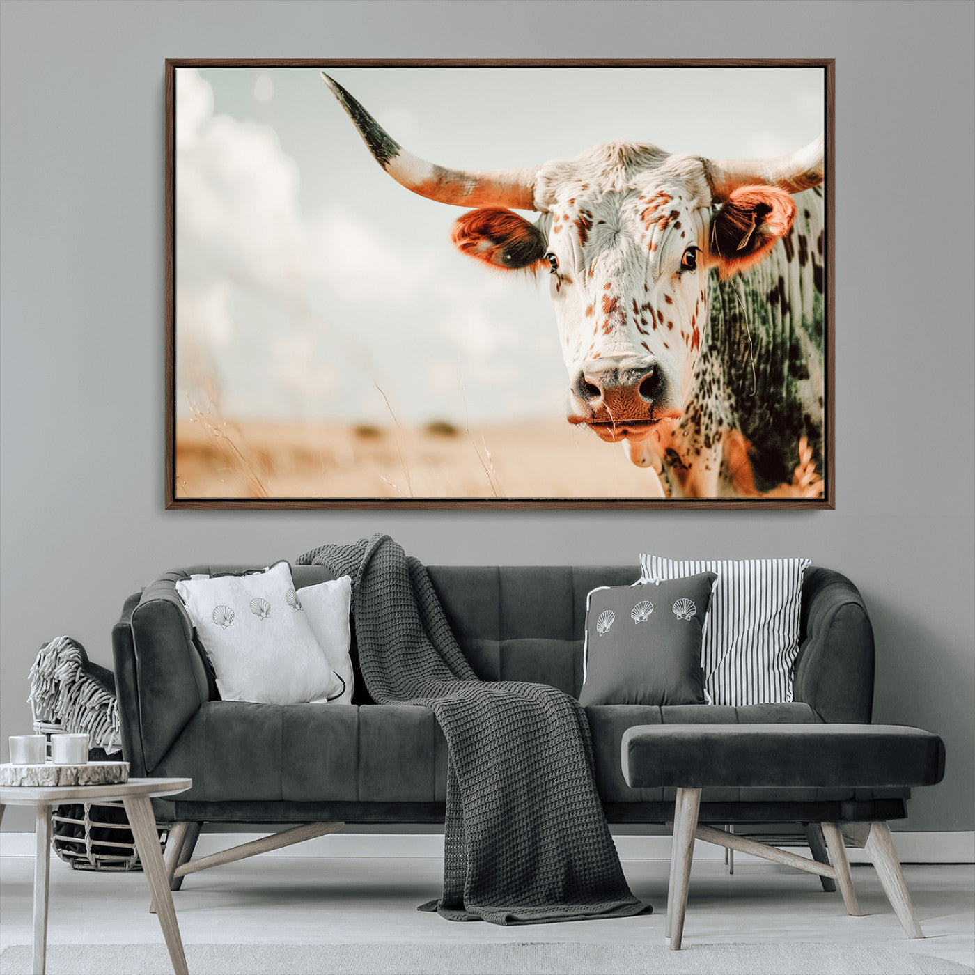 72766375-MGV-FC-36X24_Walnut-Texas Longhorn Wall Art Canvas Print, Framed Spotted Cow Art Picture Print, Horned Cattle Perfect Rustic Western Decor Artwork