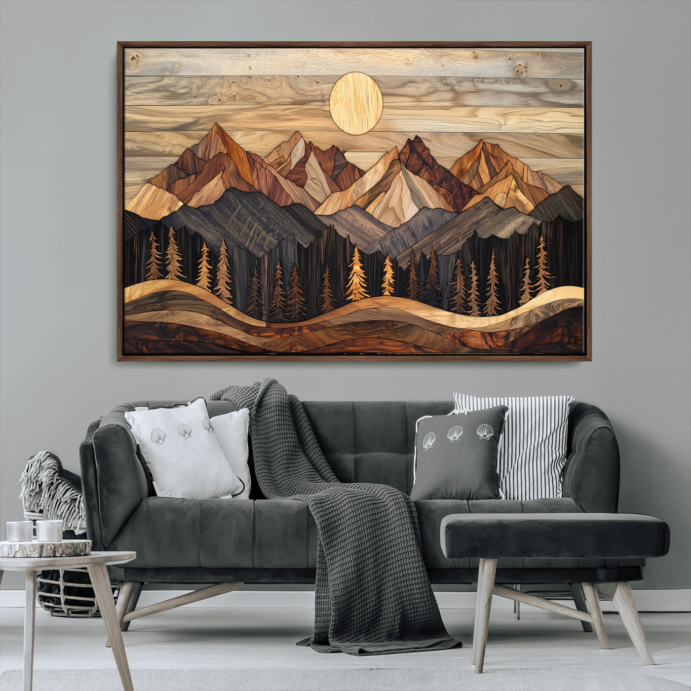 50100230-MGV-CV-36X24-Wooden Mountain Wall Art – Rustic Nature Landscape Canvas Print, Handmade Style Sun, Forest, and Peaks Artwork for Living Room,