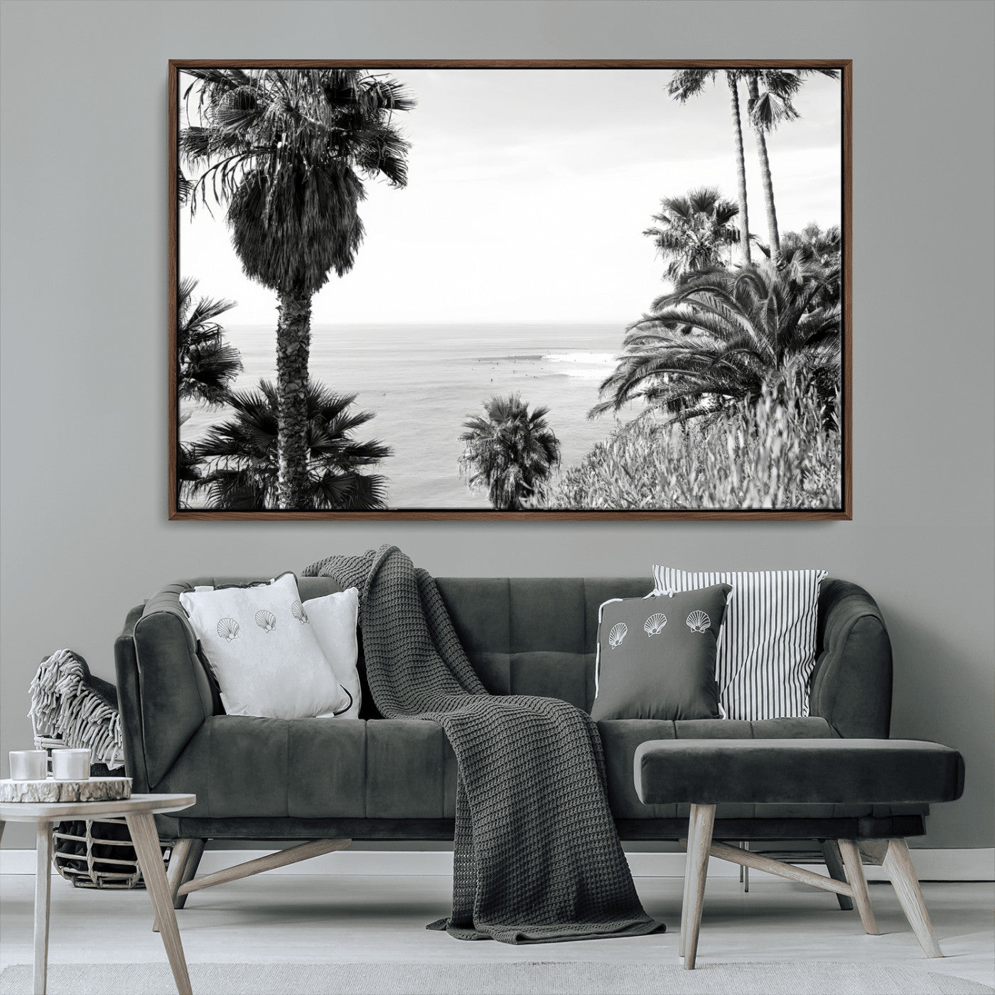 89458520-MGV-FC-36X24_Walnut-Palm Trees Wall Art Canvas Print, Framed Coastal View Art Picture Print, Ocean Horizon Perfect Monochrome Coast Decor Artwork