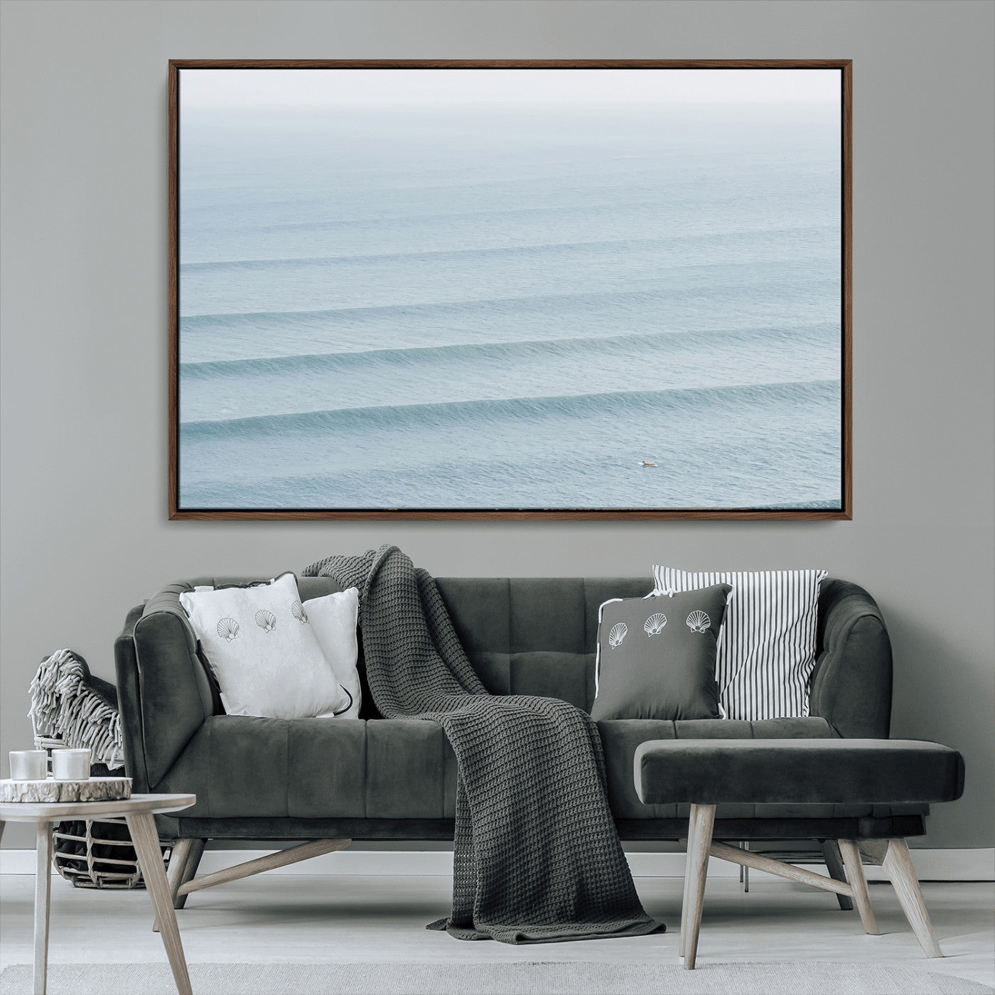 47814787-MGV-CV-36X24-Ocean Waves Wall Art Canvas Print, Framed Solo Surfer Art Picture Print, Wave Lines Perfect Minimalist Ocean Decor Artwork