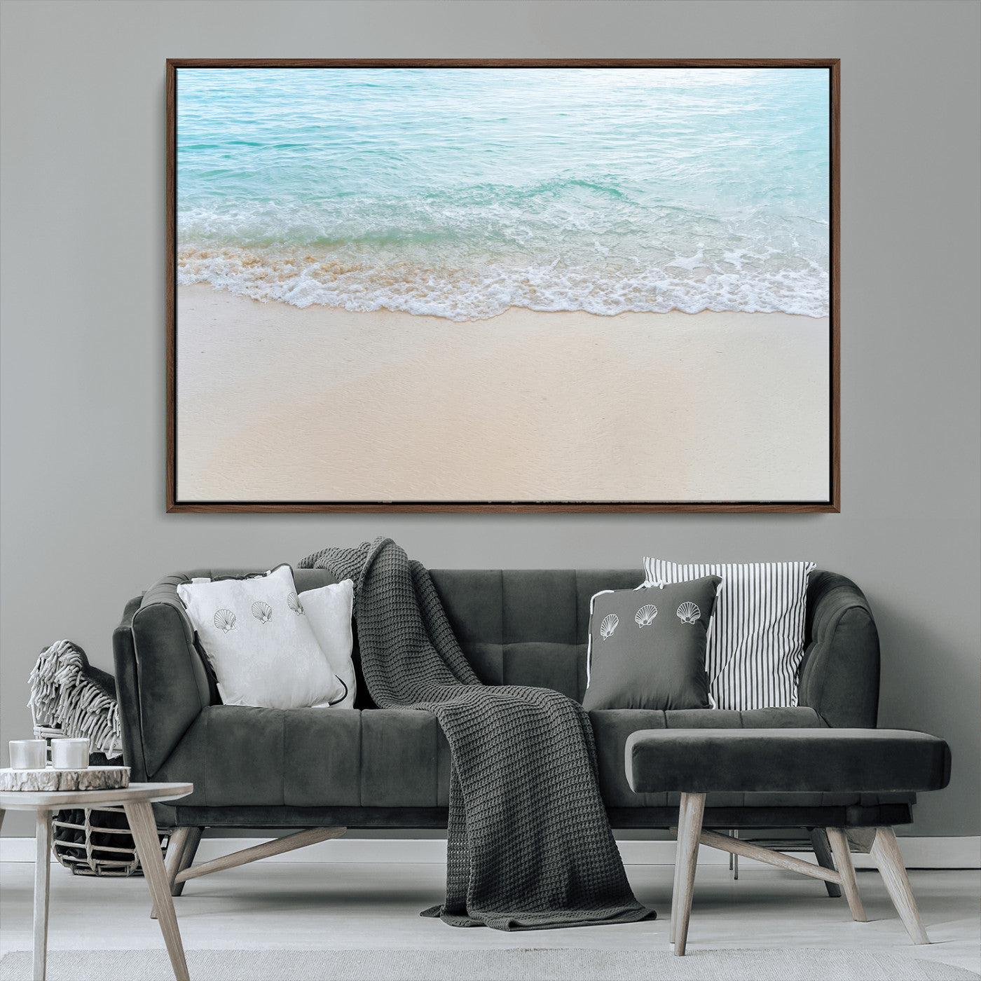 77194056-MGV-CV-36X24-Soft Shoreline Wall Art Canvas Print, Framed Gentle Waves Art Picture Print, Clear Water Perfect Minimalist Coastal Decor Artwork
