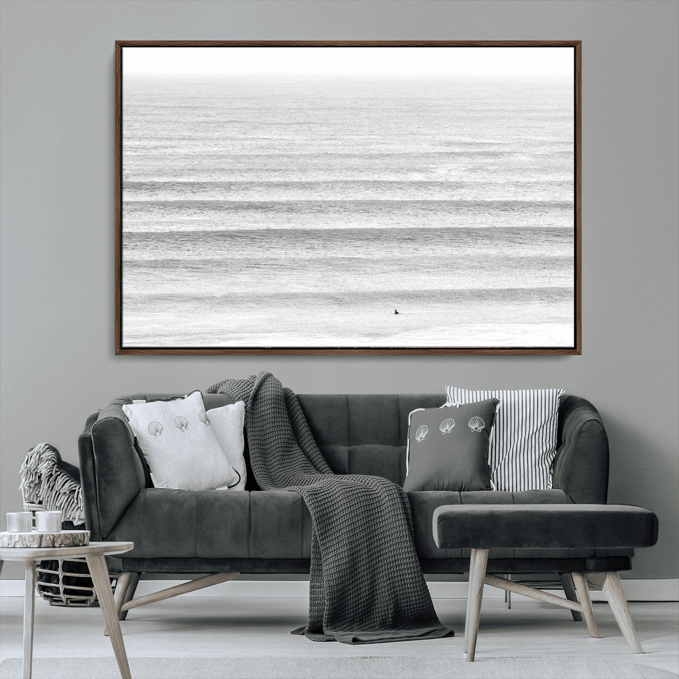 66534476-MGV-CV-36X24-Lone Surfer Wall Art Canvas Print, Framed Ocean Waves Art Picture Print, Minimal Sea Perfect Minimal Coastal Decor Artwork