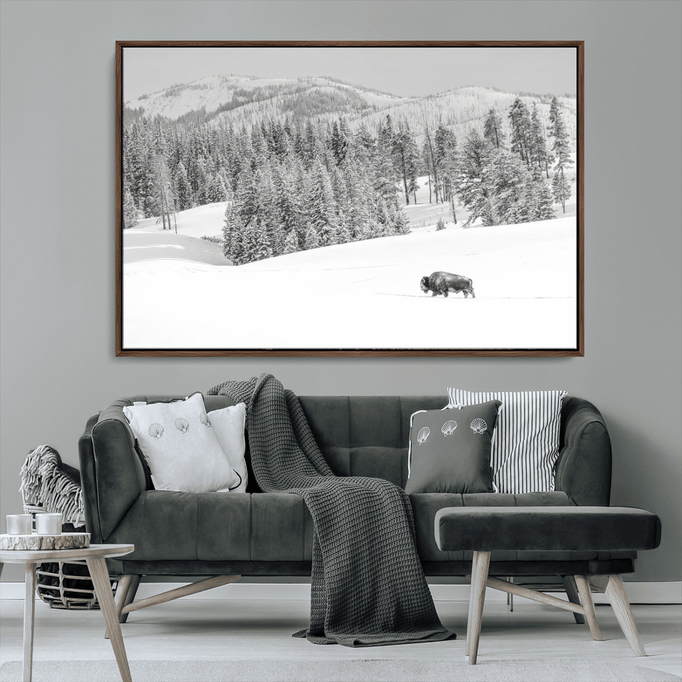 68081143-MGV-CV-36X24-Snowy Bison Wall Art Canvas Print, Framed Winter Forest Art Picture Print, Lone Bison Perfect Monochrome Winter Wild Decor Artwork