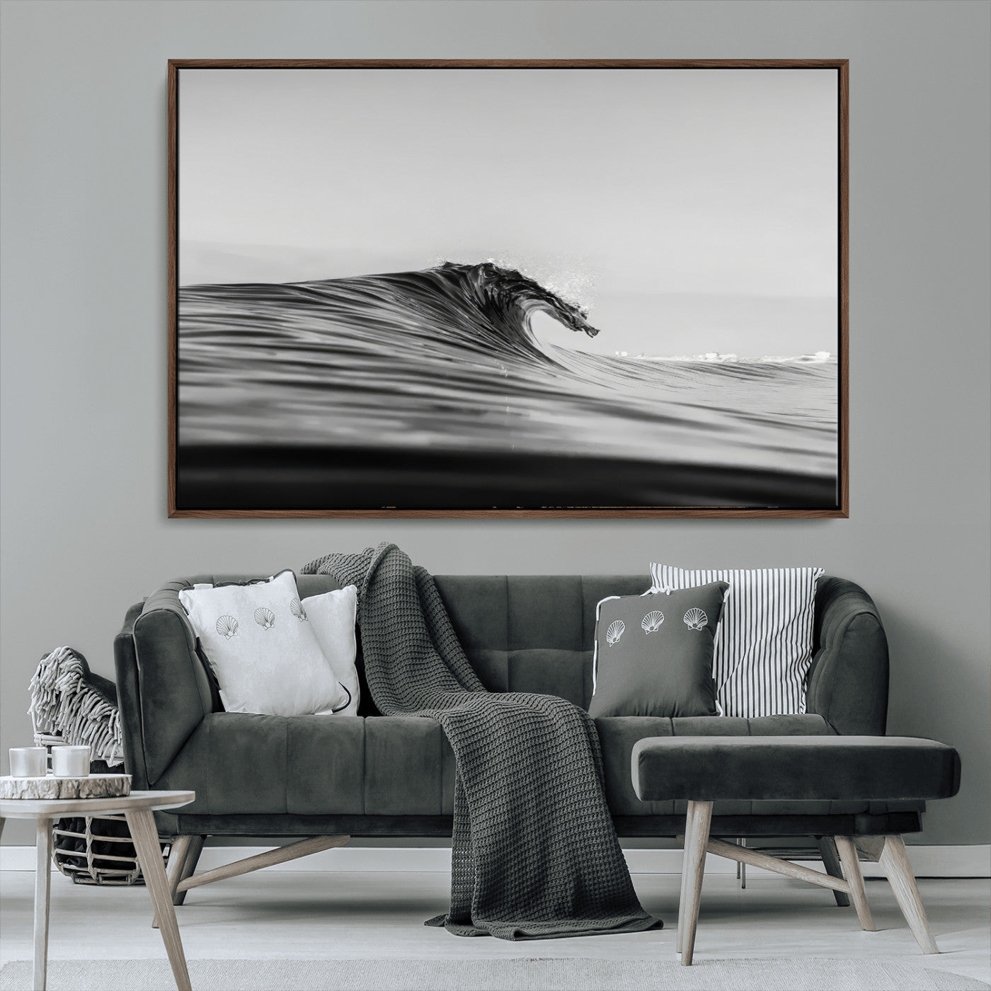 24029476-MGV-FC-36X24_Walnut-Black Wave Wall Art Canvas Print, Framed Abstract Surf Art Picture Print, Minimalist Ocean Perfect Minimalist Coastal Decor