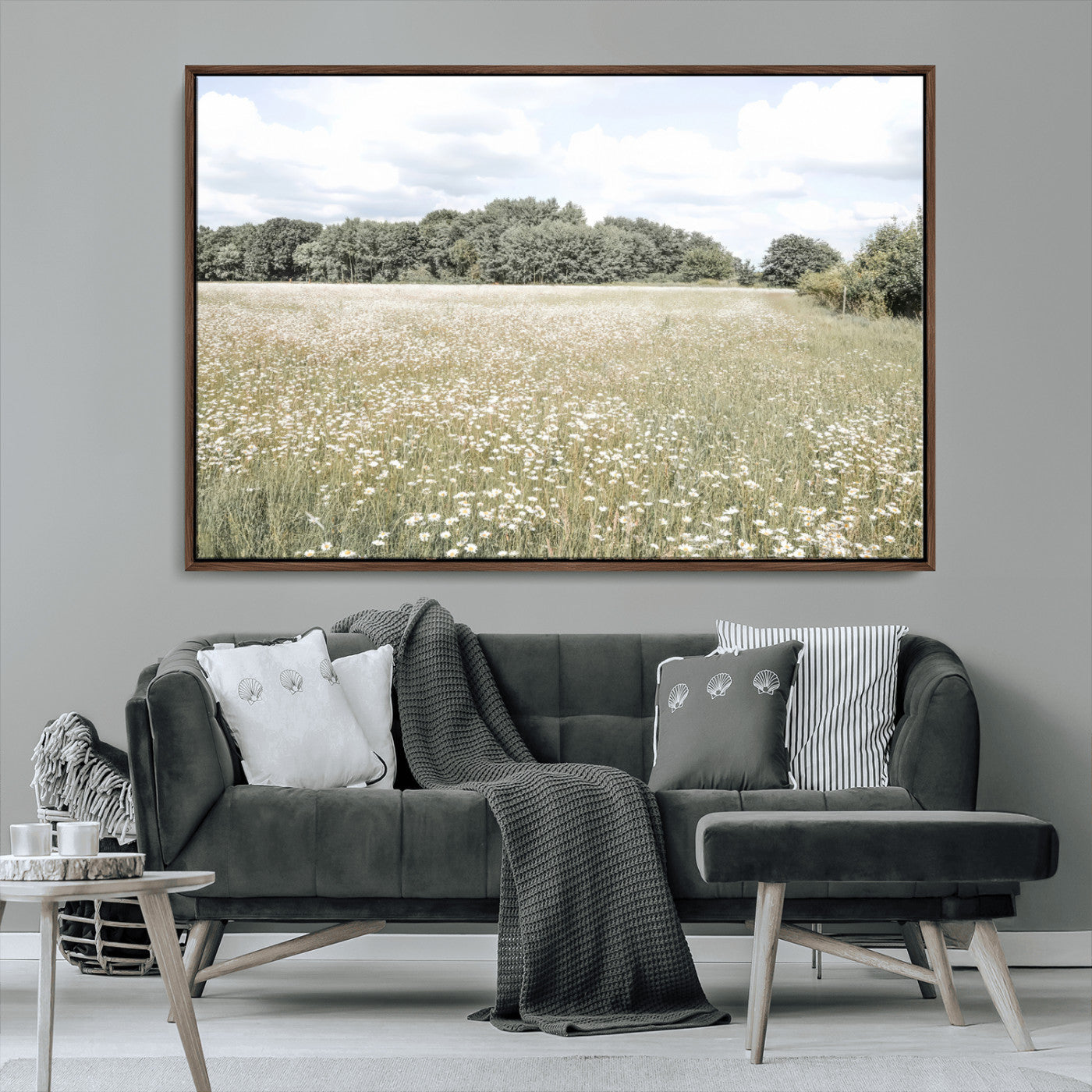 43258946-MGV-CV-36X24-Daisy Field Wall Art Canvas Print, Framed Pastel Flower Art Picture Print, Meadow Bloom Perfect Scandinavian Minimalist Decor
