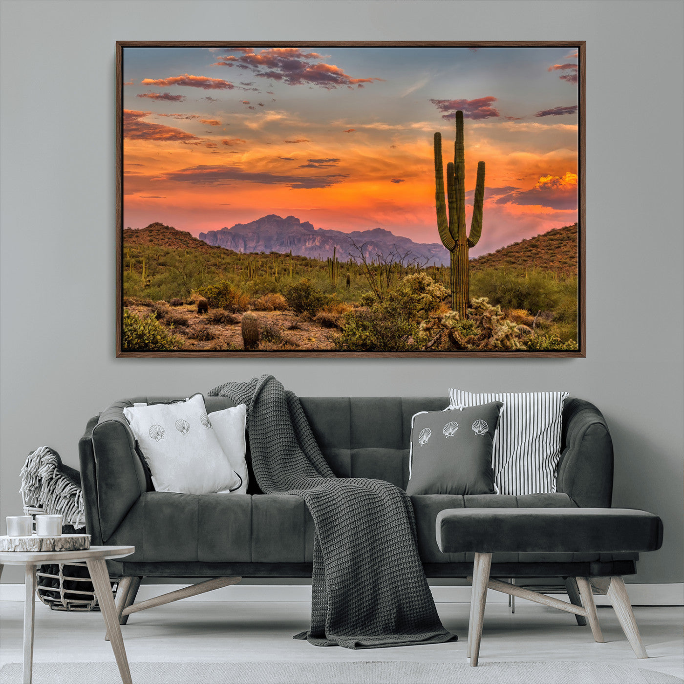 25332783-MGV-CV-36X24-Saguaro Cactus Wall Art Canvas Print, Framed Arizona Sunset Art Picture Print, Sonoran Desert Perfect Southwestern Boho Decor