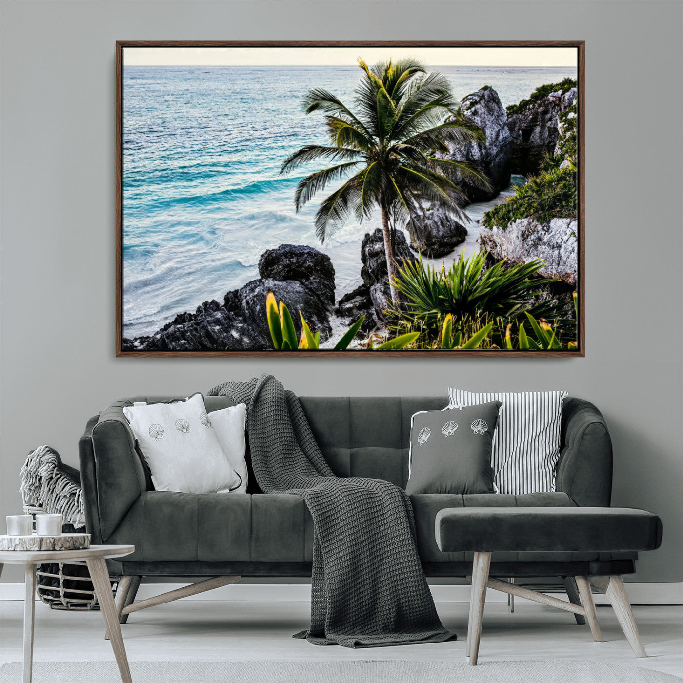 94669907-MGV-CV-36X24-Tropical Coastline Wall Art Canvas Print, Framed Palm Tree Art Picture Print, Rocky Beach Perfect Tropical Coastal Decor Artwork