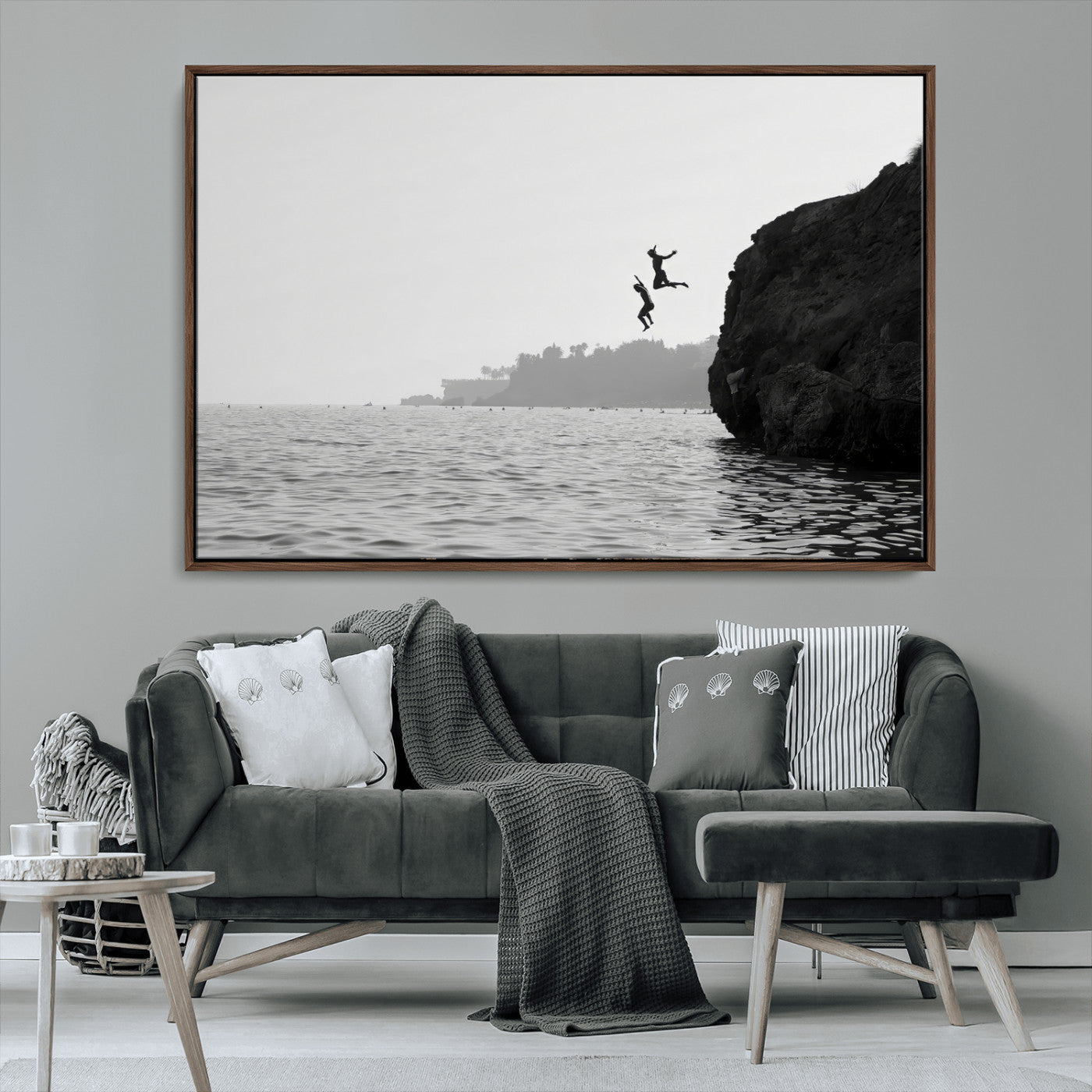 52284302-MGV-CV-36X24-Cliff Jumping Wall Art Canvas Print, Framed Ocean Adventure Art Picture Print, Black White Coast Perfect Modern Coastal Decor