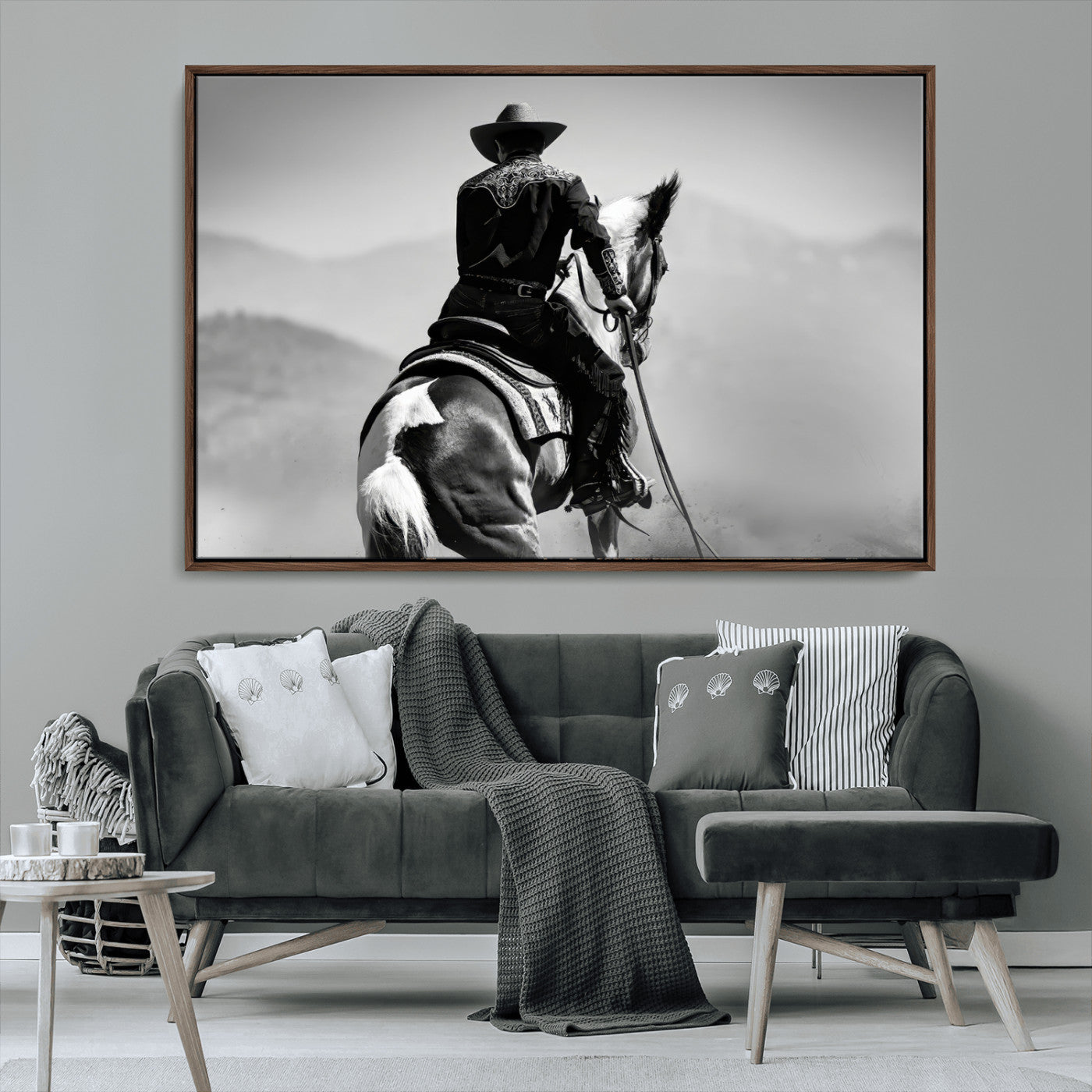83102464-MGV-FC-36X24_Walnut-Western Cowboy Wall Art Canvas Print, Framed Monochrome Horse Art Picture Print, Western Equestrian Perfect Rustic Western Decor