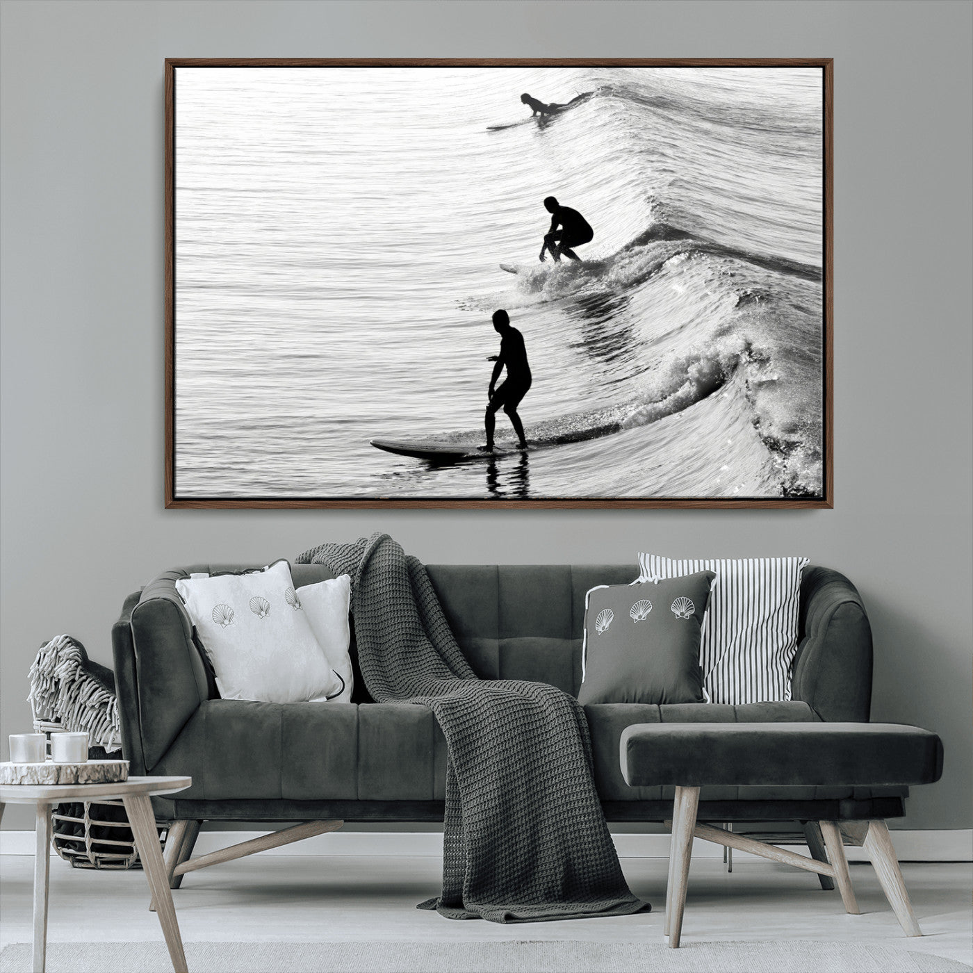 19875284-MGV-CV-36X24-Surfer Waves Wall Art Canvas Print, Framed Black White Surf Art Picture Print, Monochrome Ocean Perfect Modern Coastal Decor