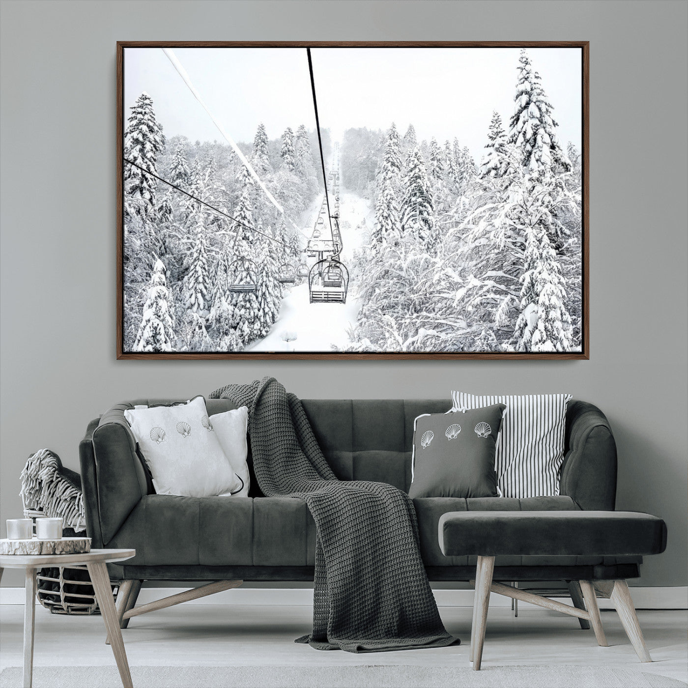 44705668-MGV-CV-36X24-Winter Forest Wall Art Canvas Print, Framed Snowy Forest Art Picture Print, Ski Lift Perfect Scandinavian Decor Artwork