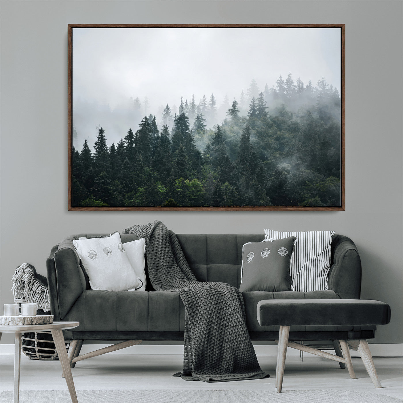 84146572-MGV-FC-36X24_Walnut-Foggy Pine Trees Wall Art Canvas Print, Framed Forest Nature Art Picture Print, Evergreen Forest Perfect Scandinavian Minimalist