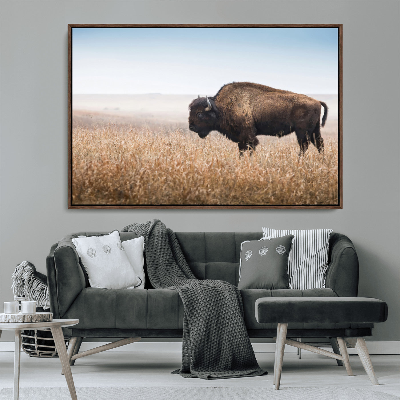 99620201-MGV-CV-36X24-Wild Bison Wall Art Canvas Print, Framed Bison in Prairie Art Picture Print, Rustic Western Perfect Rustic Western Decor Artwork