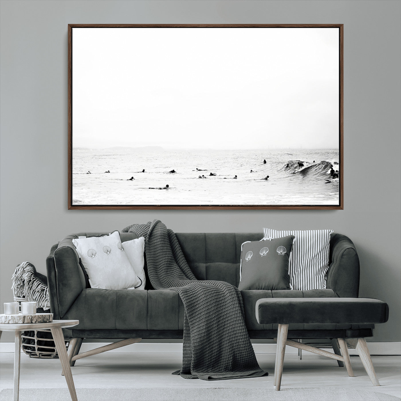 38441169-MGV-CV-36X24-Monochrome Swimming Wall Art Canvas Print, Framed Ocean Horizon Art Picture Print, Moody Coastal Perfect Minimalist Coastal Decor