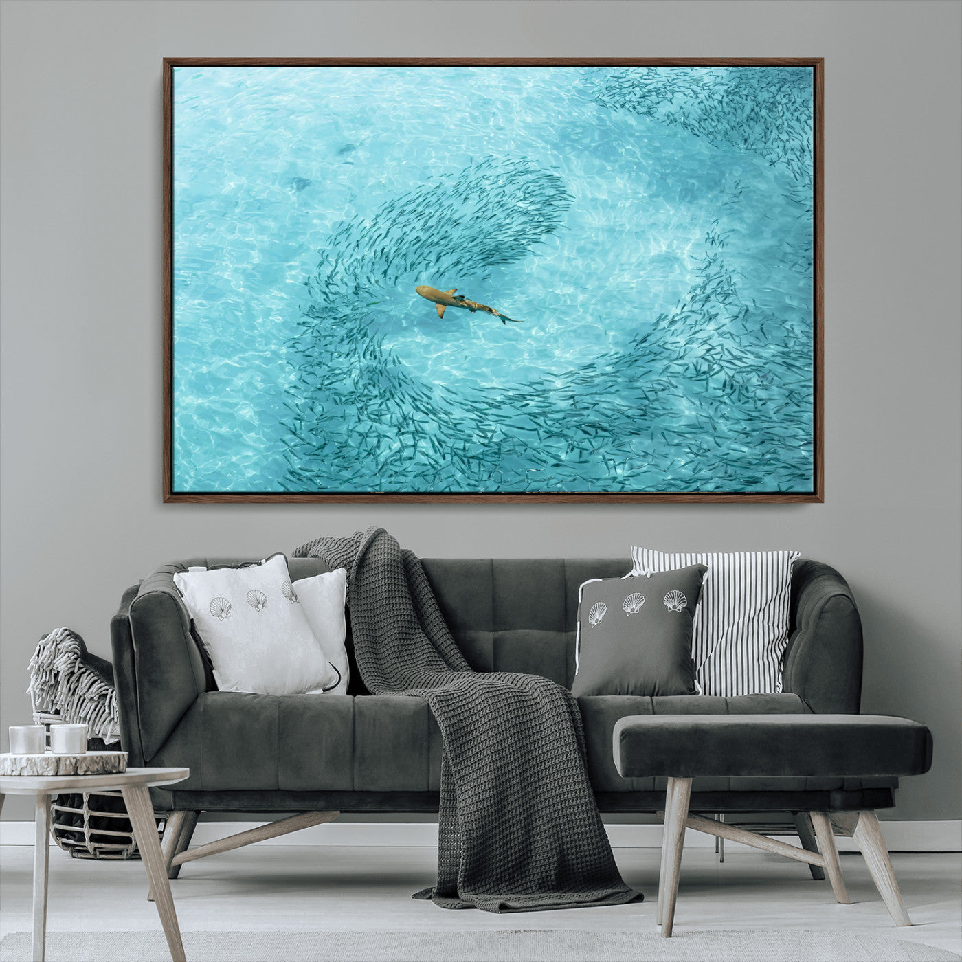 43671474-MGV-CV-36X24-Fish Swarm Wall Art Canvas Print, Framed Marine Life Art Picture Print, Shark Aerial Perfect Wildlife Coastal Decor Artwork