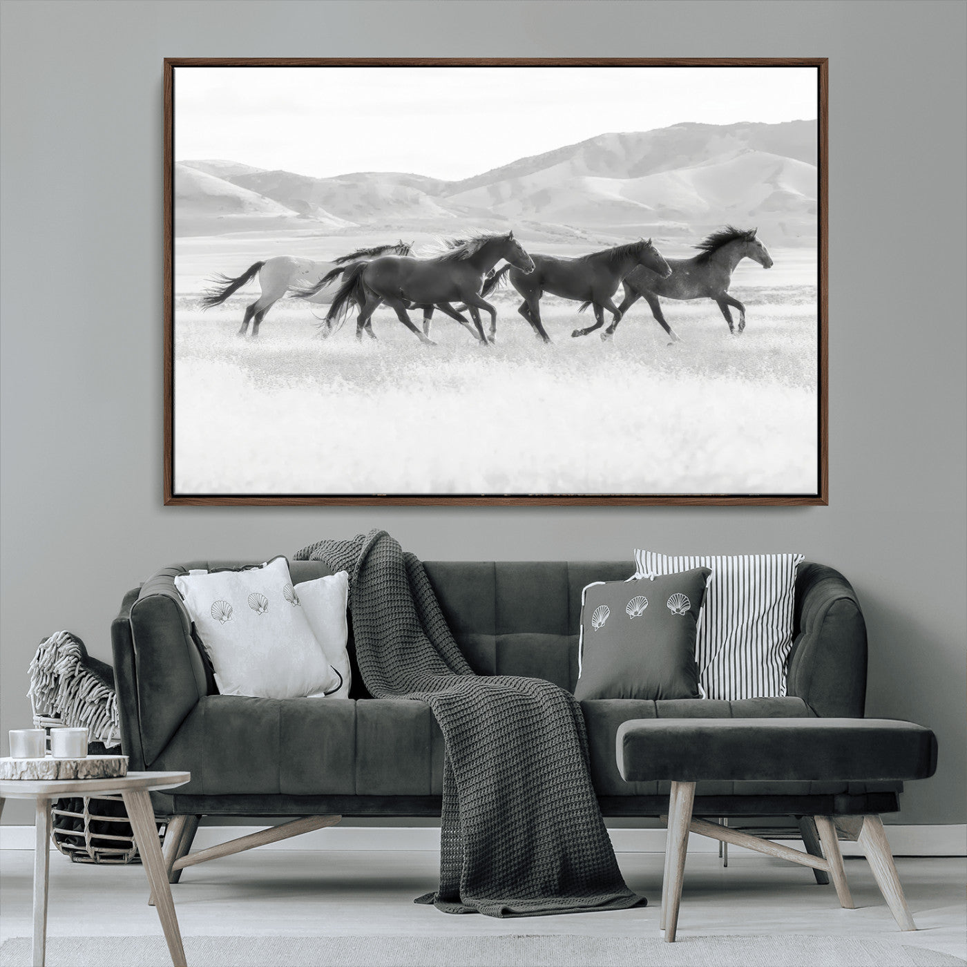 69934913-MGV-CV-36X24-Wild Horses Running Wall Art Canvas Print, Framed Black White Mustangs Art Picture Print, Rustic Western Perfect Rustic Western